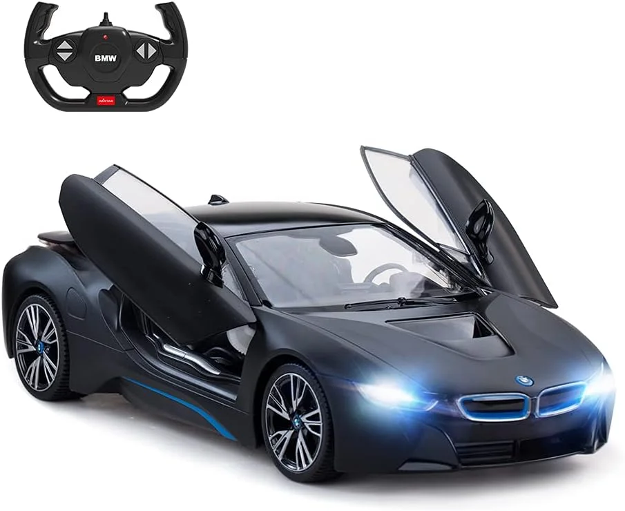 مدل ماشین BMW i8 از RASTAR، ماشین کنترلی BMW i8 با مقیاس 1:14، باز شدن درها با کنترل از راه دور/چراغ های روشن - مشکی مات