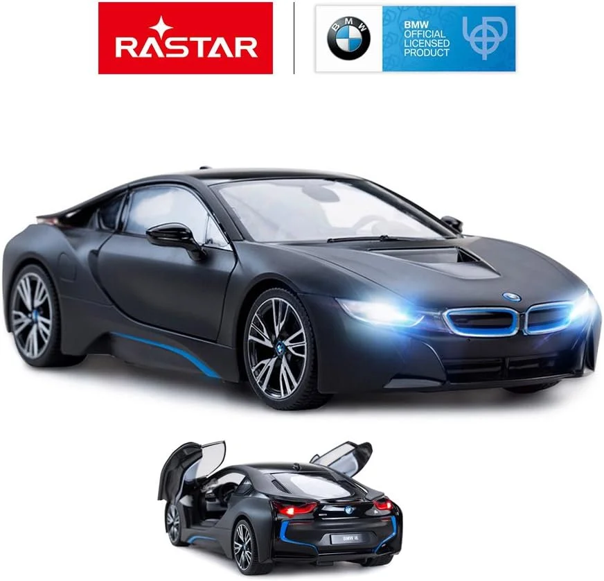 مدل ماشین BMW i8 از RASTAR، ماشین کنترلی BMW i8 با مقیاس 1:14، باز شدن درها با کنترل از راه دور/چراغ های روشن - مشکی مات