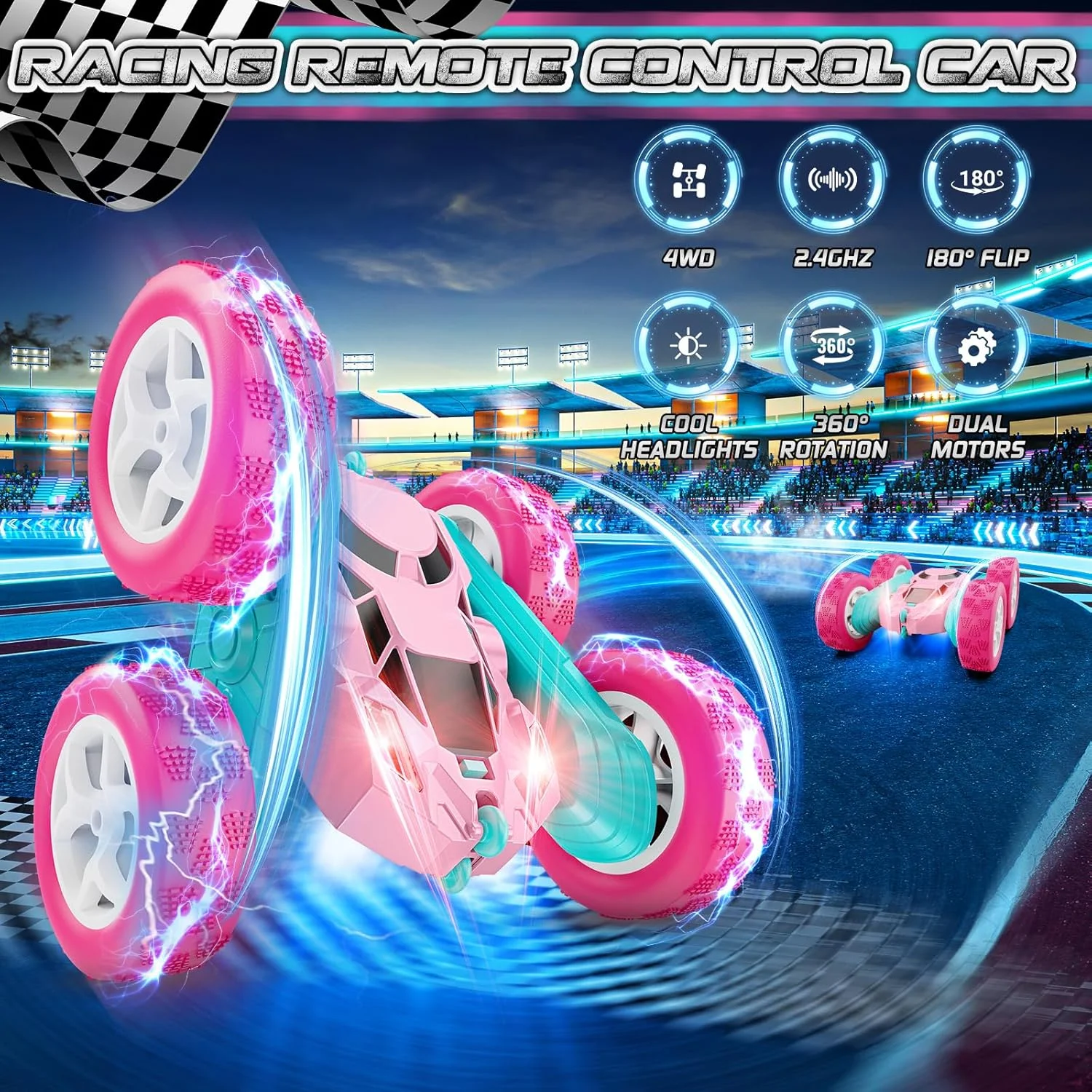 ماشین کنترلی صورتی برای دختران - ماشین های بدلکاری RC با قابلیت دو طرفه 4WD، چرخش 360 درجه، ماشین آفرود اسباب بازی در فضای باز برای کودکان 6 7 8-12 سال، هدیه تولد کریسمس