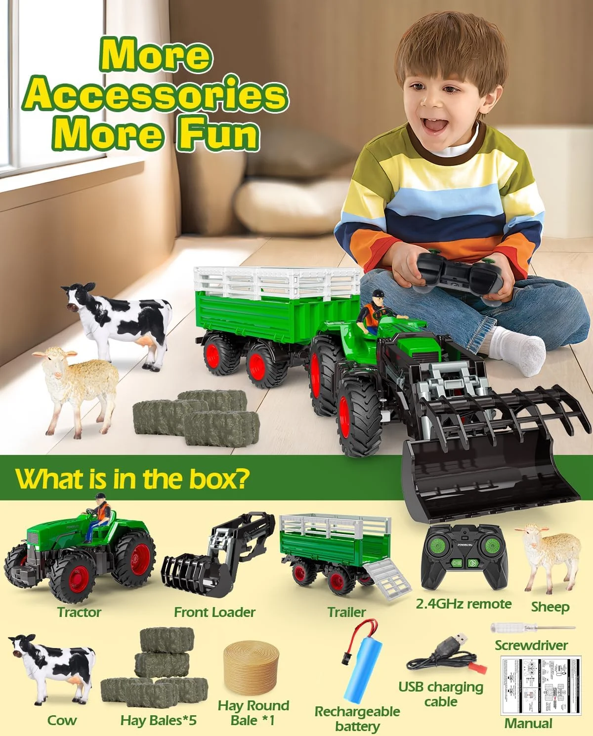 اسباب بازی تراکتور کنترلی PENGBU مناسب کودکان ۲، ۳، ۴ و ۶ ساله، تراکتور کنترلی ۲.۴ گیگاهرتزی، اسباب بازی تراکتور کنترلی مناسب کودکان ۳، ۴، ۵ و ۶ ساله، تراکتور مزرعه با کنترل از راه دور، گاو، گوسفند و یونجه