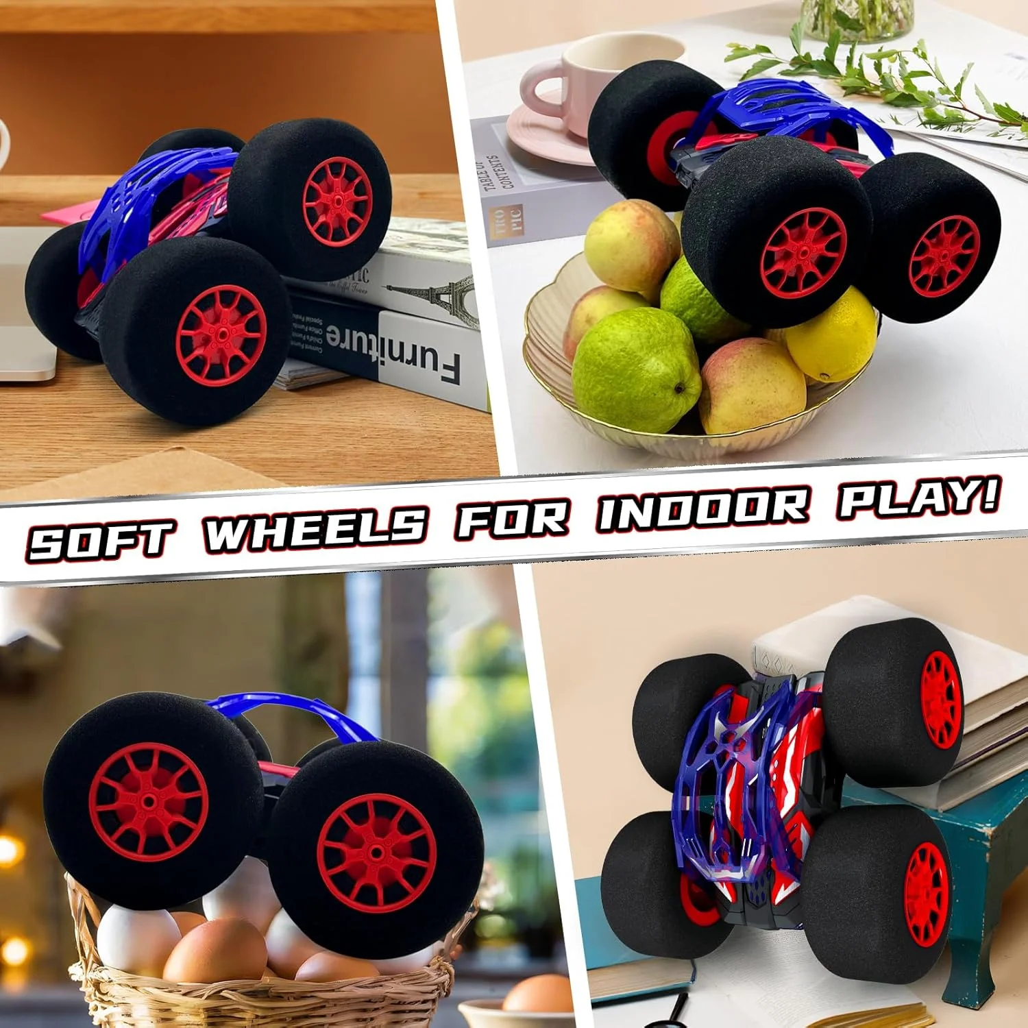 ماشین کنترلی فوق العاده نرم و انجام دهنده حرکات نمایشی با چرخ های نرم، مناسب برای داخل خانه با چراغ های LED، تقویت توربو و حرکات نمایشی دیوانه وار، چرخش 360 درجه، رانندگی دو طرفه، کنترل از راه دور 2.4 گیگاهرتز، هدیه ای برای پسران و دختران