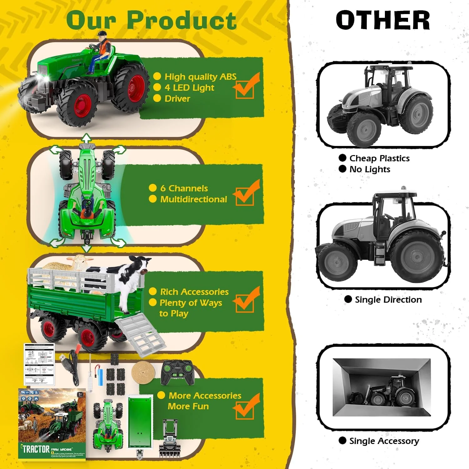 اسباب بازی تراکتور کنترلی PENGBU مناسب کودکان ۲، ۳، ۴ و ۶ ساله، تراکتور کنترلی ۲.۴ گیگاهرتزی، اسباب بازی تراکتور کنترلی مناسب کودکان ۳، ۴، ۵ و ۶ ساله، تراکتور مزرعه با کنترل از راه دور، گاو، گوسفند و یونجه