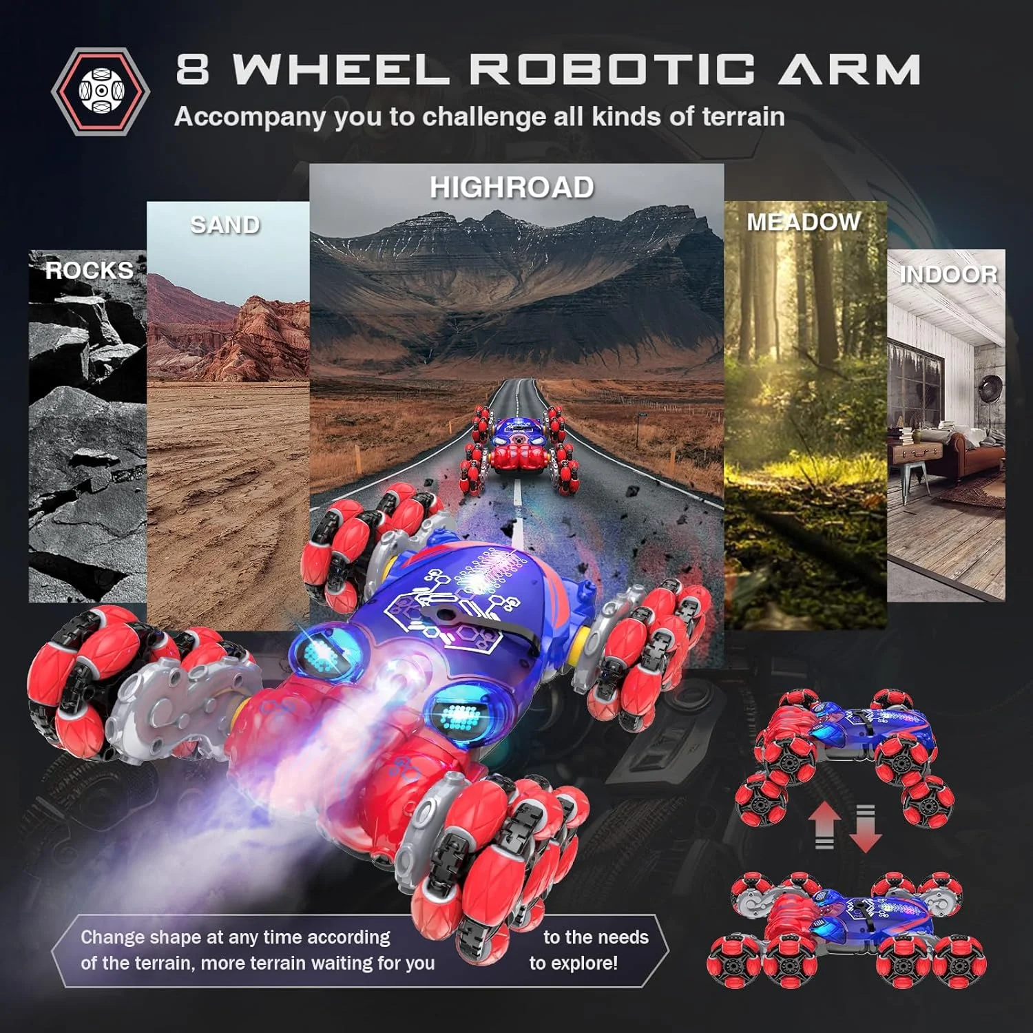 ماشین کنترلی، ماشین کنترلی 8WD با حسگر حرکتی، ماشین اسباب بازی پسرانه بدلکاری RC 2.4 گیگاهرتزی با اسپری و نور، هدیه اسباب بازی ماشین کنترلی دستی برای کودکان پسر 8 9 10 11 12 ساله