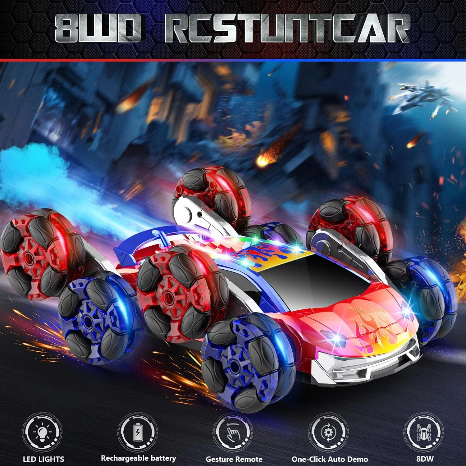 ماشین های کنترلی، اسباب بازی ماشین کنترلی تبدیل شونده برای سنین 4 تا 13 سال، شبیه سازی واقعیت، چراغ های جالب ماشین، اسباب بازی ماشین، ربات اسباب بازی 8WD چرخان 360 درجه برای هدیه تولد پسران و دختران