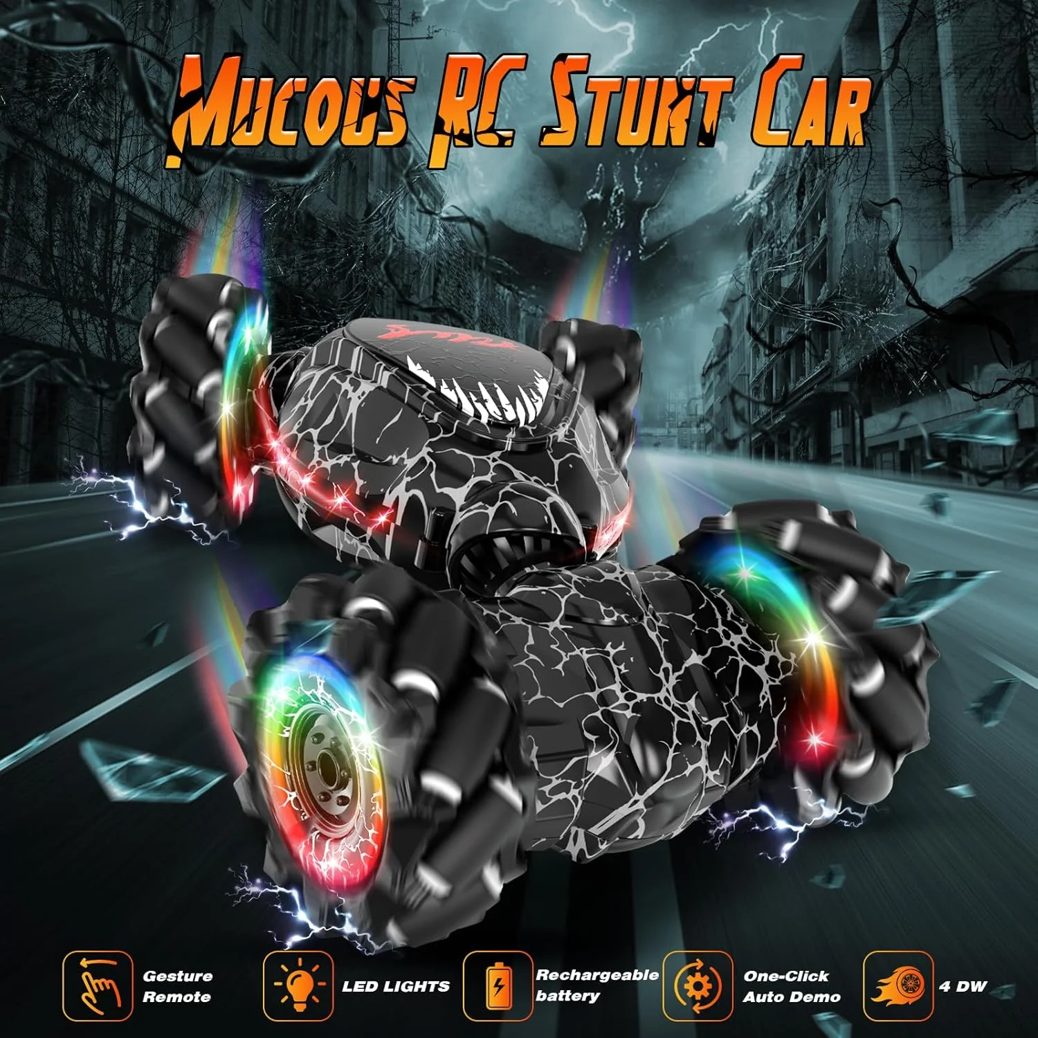 ماشین کنترلی، ماشین بدلکاری RC با حسگر حرکتی LED با فرکانس 2.4 گیگاهرتز، ماشین RC دو طرفه 4WD با چراغ و موسیقی، ماشین دریفت چرخشی مناسب تمام سطوح، هدیه تولد برای پسران و دختران (مشکی)