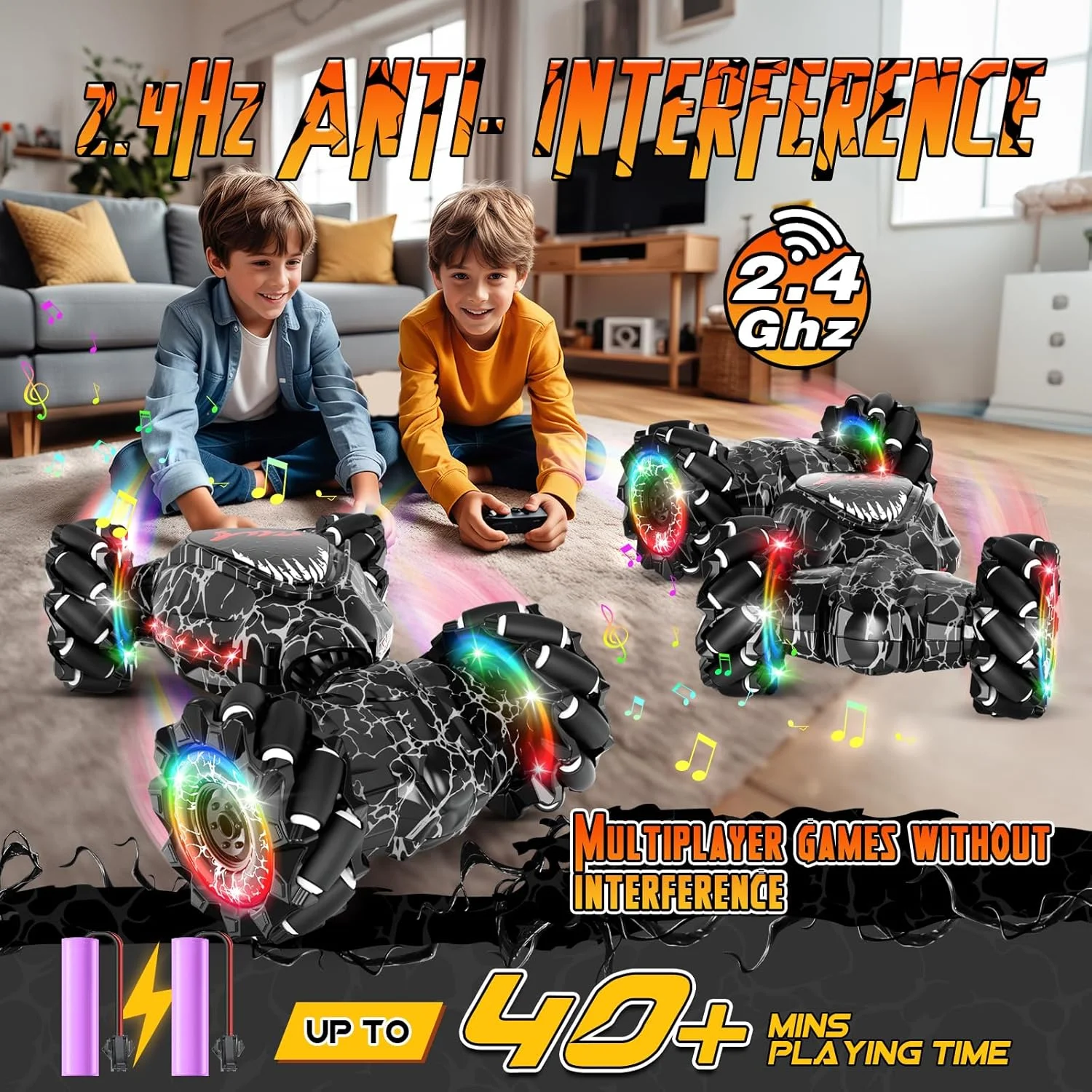 ماشین کنترلی، ماشین بدلکاری RC با حسگر حرکتی LED با فرکانس 2.4 گیگاهرتز، ماشین RC دو طرفه 4WD با چراغ و موسیقی، ماشین دریفت چرخشی مناسب تمام سطوح، هدیه تولد برای پسران و دختران (مشکی)