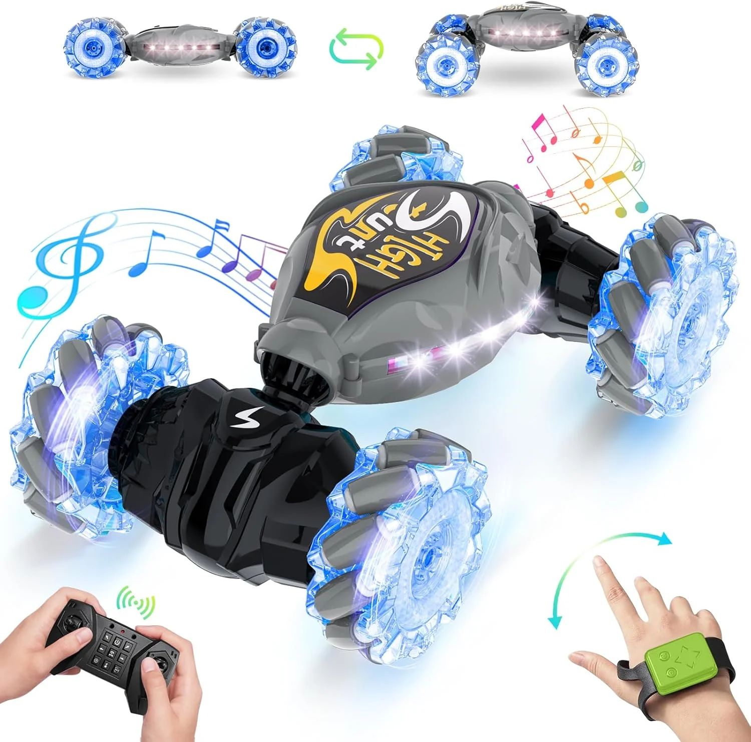 ماشین بدلکاری کنترلی با حسگر حرکتی LED 2.4 گیگاهرتز، دارای نور، موسیقی و چرخش دو طرفه - ماشین آرسی مناسب تمام سطوح برای پسران و دختران (خاکستری)