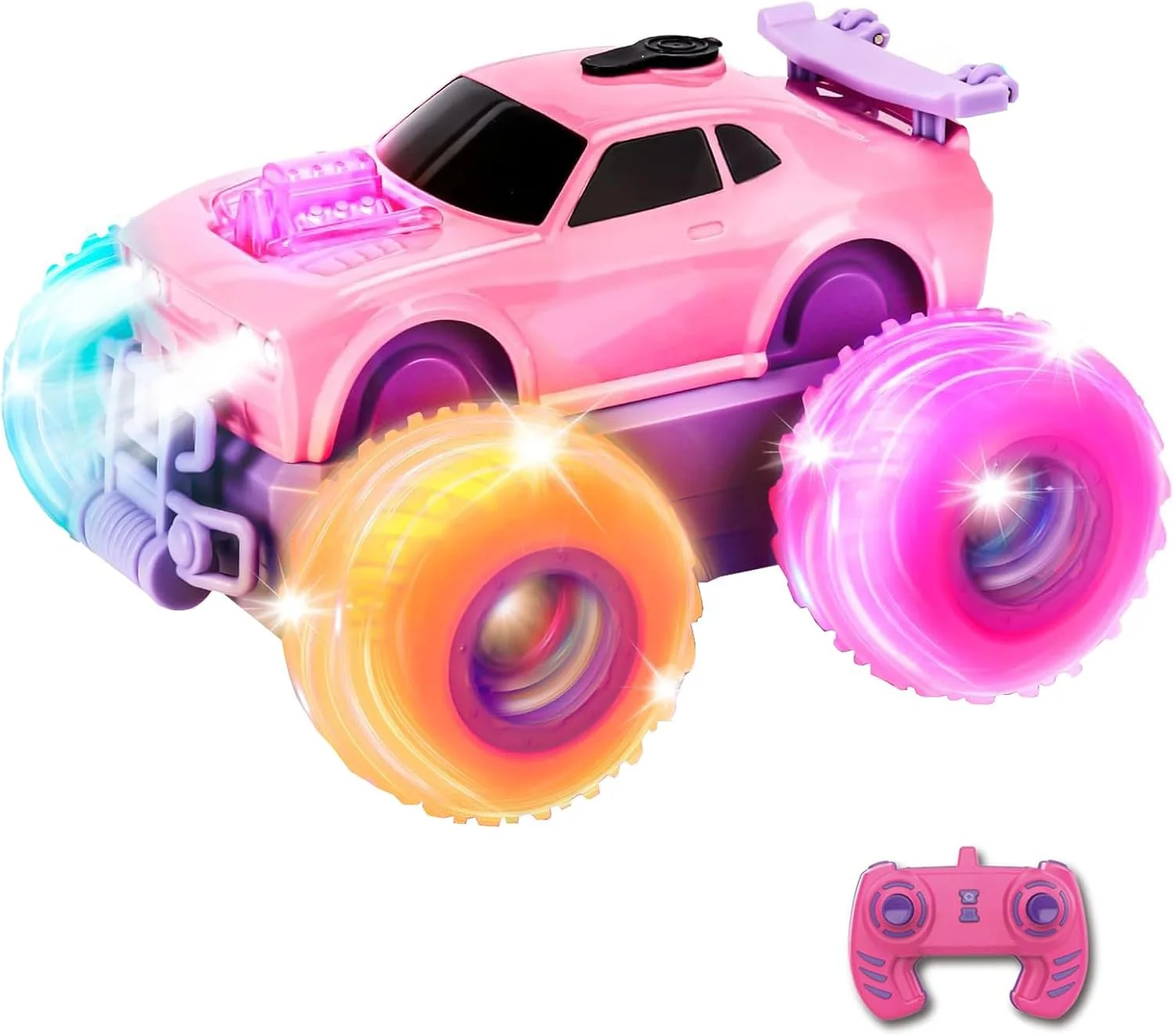ماشین کنترلی از راه دور برای دختران، ماشین شیرین کاری صورتی پرنسسی با نور چشمک زن، اسپری، 4WD 2.4 گیگاهرتز دو طرفه چرخش 360 درجه و قابلیت رانندگی ایستاده، هدیه اسباب بازی برای دختران 6-12 ساله با برچسب های DIY برای تولد