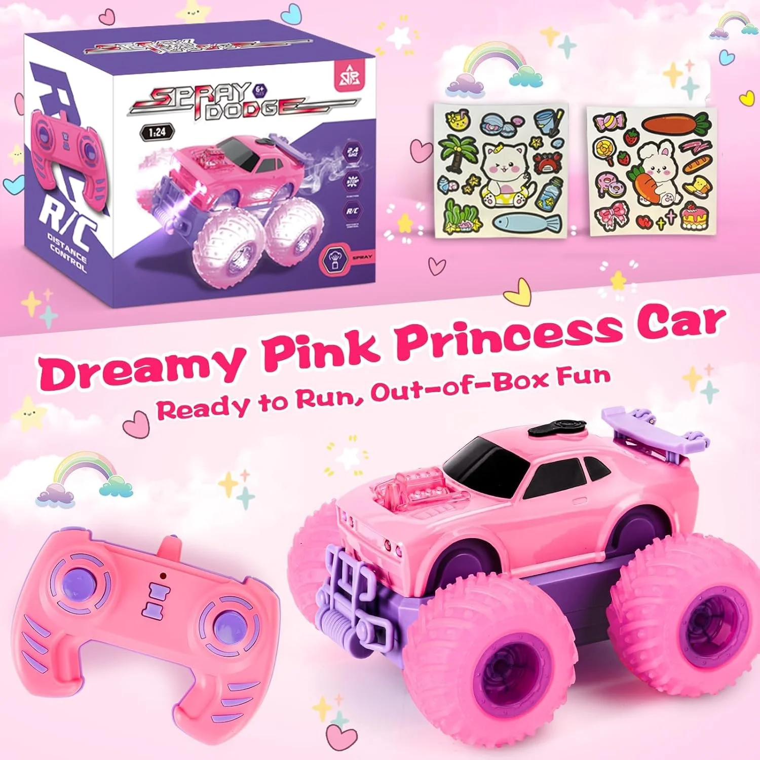 ماشین کنترلی از راه دور برای دختران، ماشین شیرین کاری صورتی پرنسسی با نور چشمک زن، اسپری، 4WD 2.4 گیگاهرتز دو طرفه چرخش 360 درجه و قابلیت رانندگی ایستاده، هدیه اسباب بازی برای دختران 6-12 ساله با برچسب های DIY برای تولد