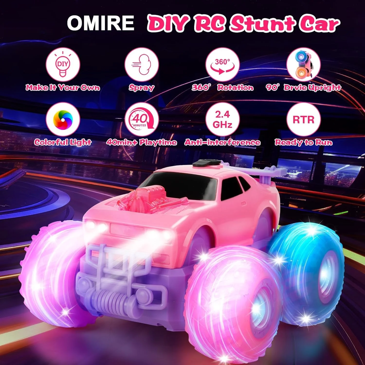 ماشین کنترلی از راه دور برای دختران، ماشین شیرین کاری صورتی پرنسسی با نور چشمک زن، اسپری، 4WD 2.4 گیگاهرتز دو طرفه چرخش 360 درجه و قابلیت رانندگی ایستاده، هدیه اسباب بازی برای دختران 6-12 ساله با برچسب های DIY برای تولد