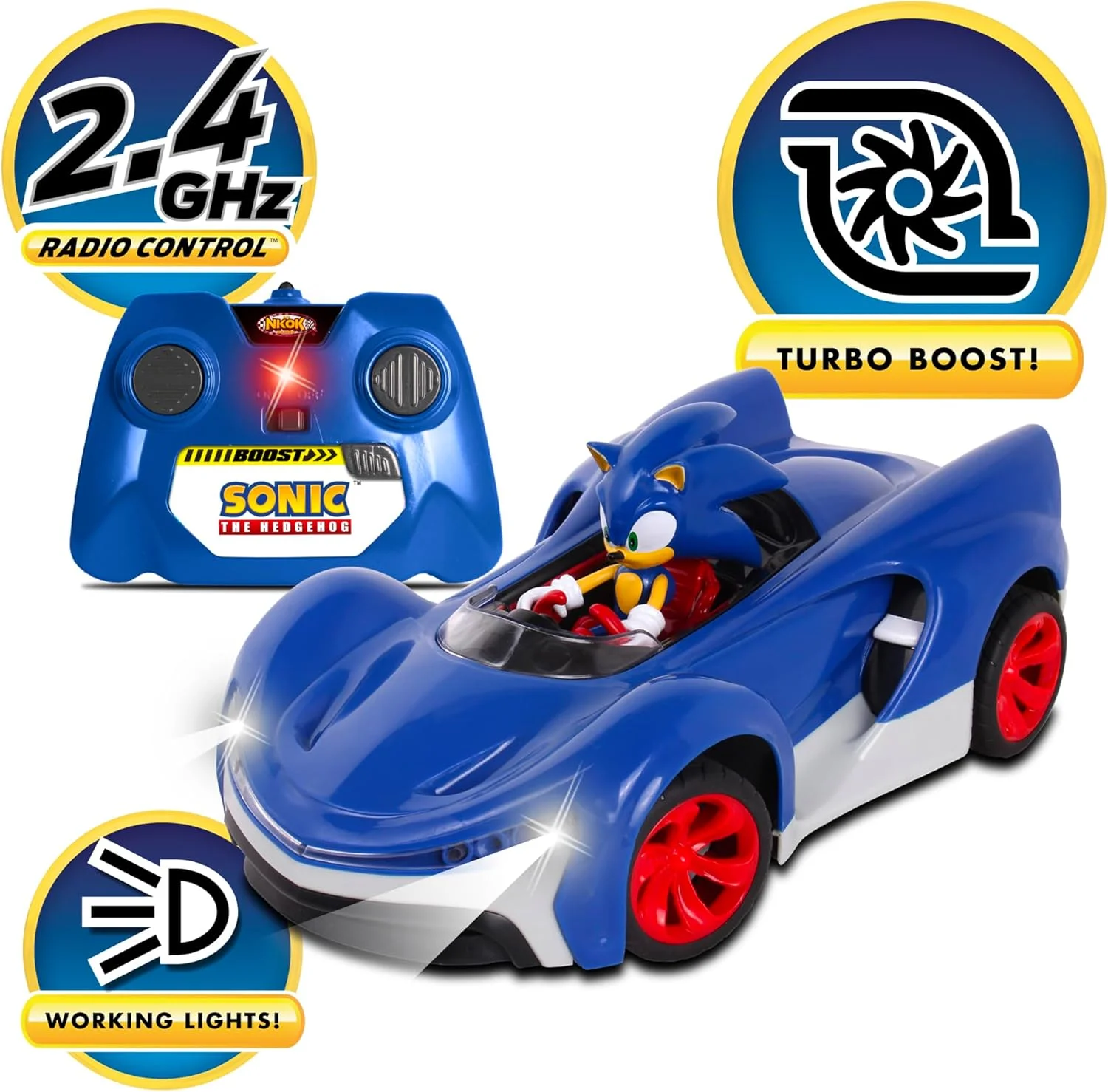 ماشین اسباب بازی کنترلی تیم سونیک ریسینگ NKOK با فرکانس 2.4 گیگاهرتز و قابلیت توربو بوست - سونیک خارپشت 601، دارای چراغ های فعال، تنظیم زاویه چرخ های جلو، فوق العاده سرگرم کننده و آسان، مناسب برای 6 سال به بالا