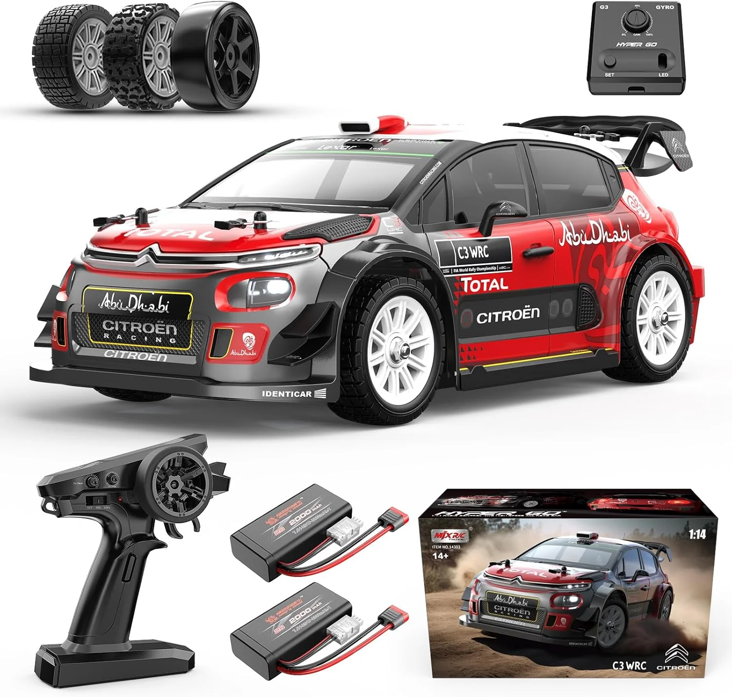 ماشین کنترلی سریع MJX Hyper GO 14303 Citroen C3 مقیاس 1/14، ماشین دریفت براشلس با سرعت 64 کیلومتر بر ساعت به همراه جایرو، ماشین رالی کنترلی 4WD RTR با سرعت بالا، دارای 2 عدد باتری 2000 میلی آمپر برای دریفت، ماشین کنترلی از راه دور برای بزرگسالان