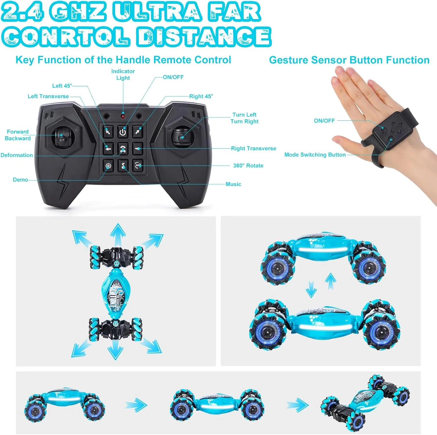 ماشین کنترلی حرکتی برای کودکان، 4WD 2.4GHz کنترل از راه دور مناسب 6/7/8/9/10/11/12 سال، ماشین آفرود چرخشی دو طرفه با قابلیت چرخش 360 درجه، دارای نور و موسیقی، هدیه برای کودکان