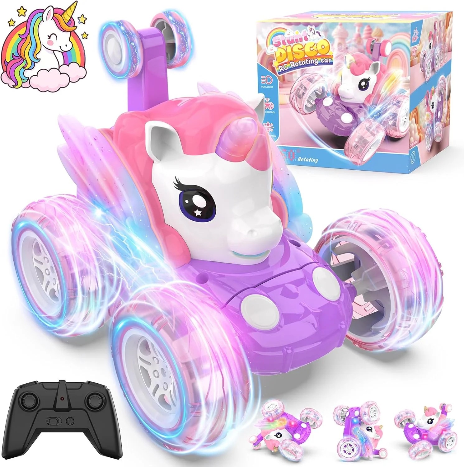 ماشین کنترلی از راه دور، ماشین های RC بدلکاری با قابلیت چرخش 360 درجه با فرکانس 2.4 گیگاهرتز، دارای چراغ های چرخ دار، اسباب بازی هدیه برای پسران و دختران 3 4 5 6 7 8 9 10 11 12 ساله (صورتی)