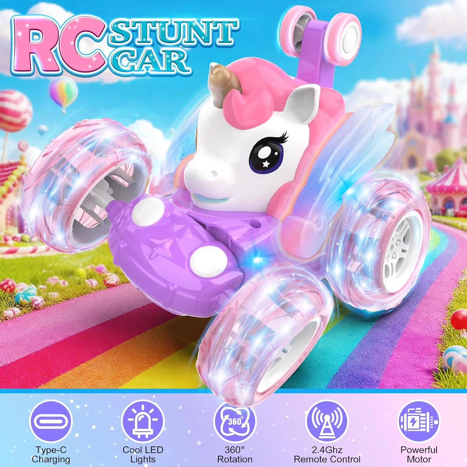ماشین کنترلی از راه دور، ماشین های RC بدلکاری با قابلیت چرخش 360 درجه با فرکانس 2.4 گیگاهرتز، دارای چراغ های چرخ دار، اسباب بازی هدیه برای پسران و دختران 3 4 5 6 7 8 9 10 11 12 ساله (صورتی)