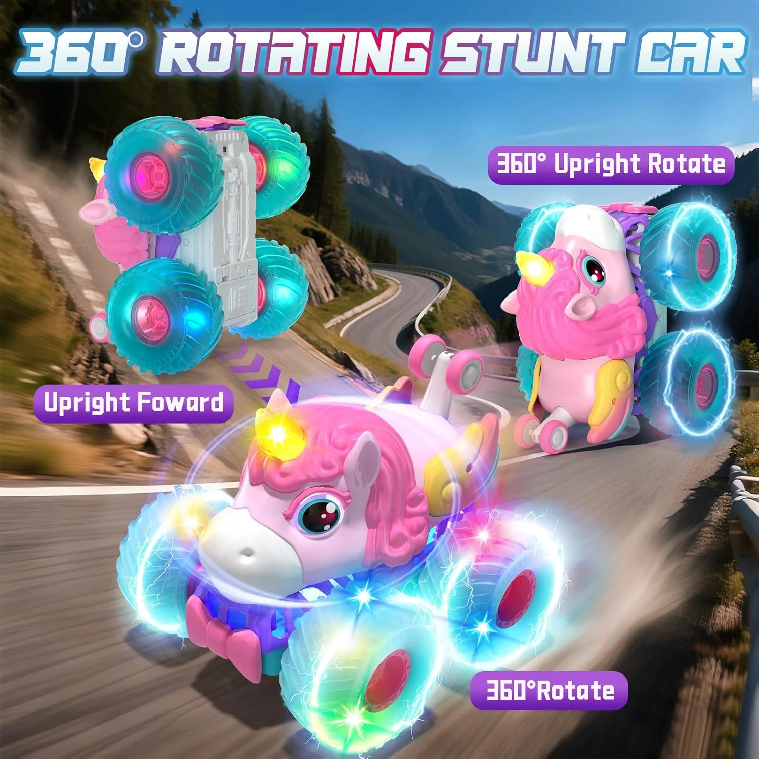 ماشین کنترلی Lehoo Castle برای دختران، چرخش 360 درجه، اسباب بازی کامیون هیولا تکشاخ با چراغ های LED، ماشین بدلکاری RC چهار چرخ متحرک قابل شارژ، کامیون RC 2.4 گیگاهرتز برای هدیه تولد دختران 3 4 5 6 7 8 ساله