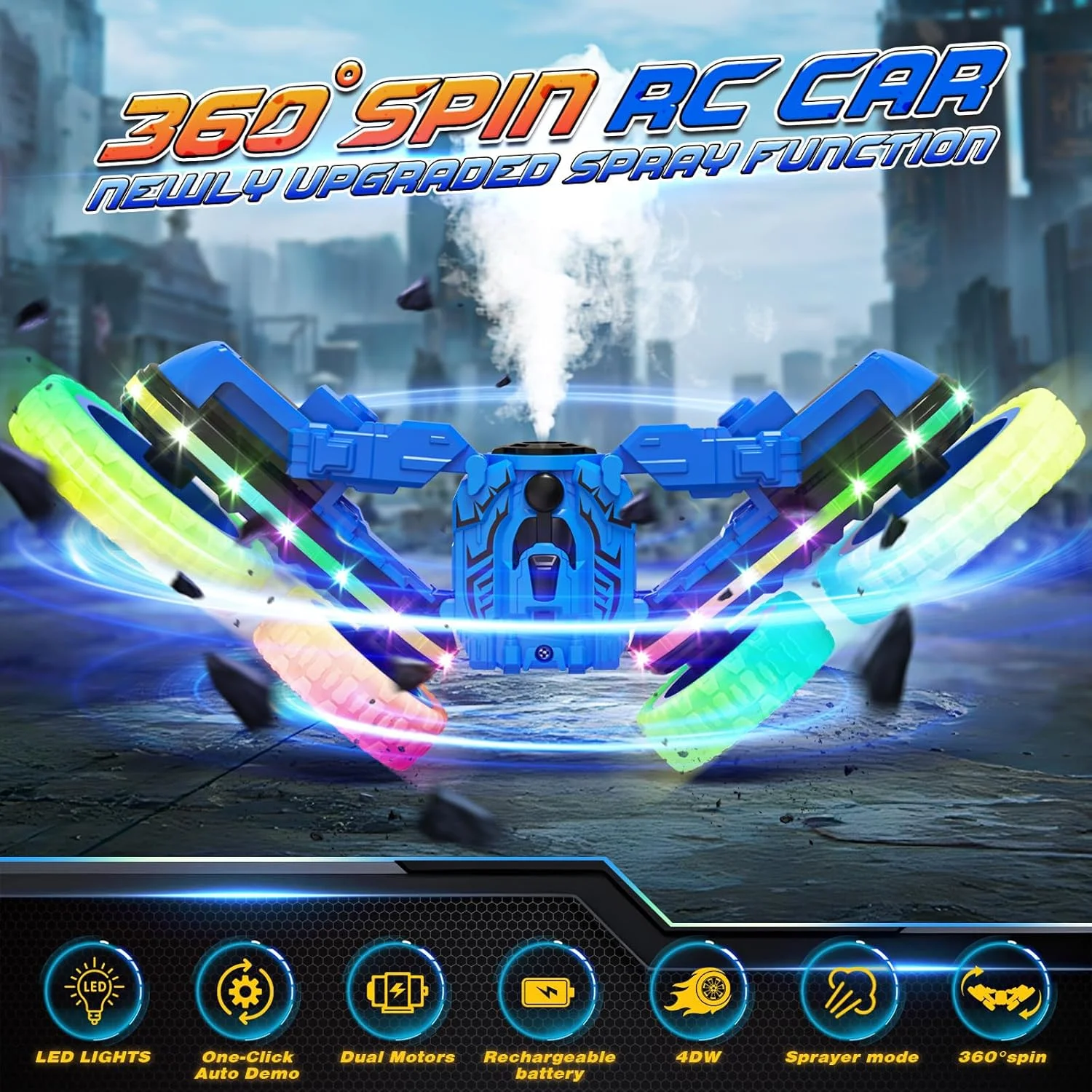 ماشین اسباب بازی کنترلی، ماشین تبدیل شونده دو در یک با قابلیت کنترل از راه دور، چهار چرخ متحرک با اسپری و چراغ های ال ای دی، کامیون بدلکاری آفرود 2.4 گیگاهرتز با قابلیت چرخش 360 درجه، هدیه برای پسران 8 تا 12 سال (آبی)