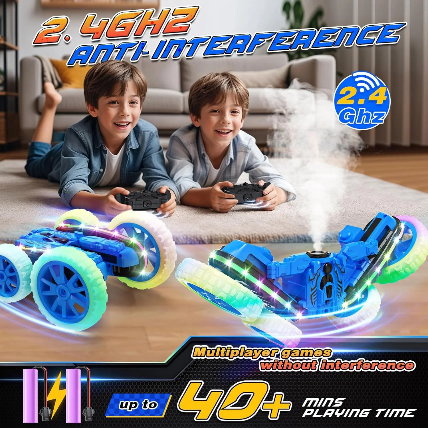 ماشین اسباب بازی کنترلی، ماشین تبدیل شونده دو در یک با قابلیت کنترل از راه دور، چهار چرخ متحرک با اسپری و چراغ های ال ای دی، کامیون بدلکاری آفرود 2.4 گیگاهرتز با قابلیت چرخش 360 درجه، هدیه برای پسران 8 تا 12 سال (آبی)