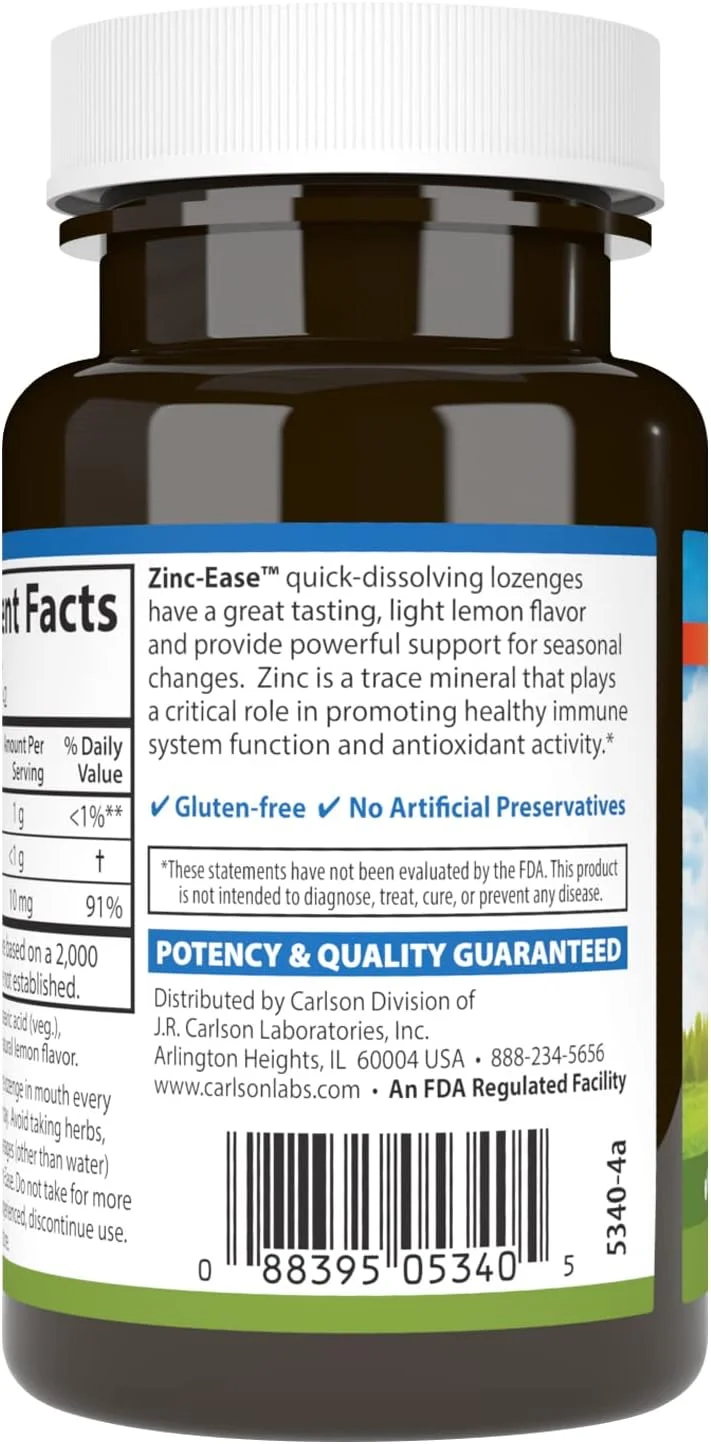 کارلسون - زینک-ایز، قرص مکیدنی تسکین دهنده، پشتیبانی از سیستم ایمنی و سلامتی مطلوب، آنتی اکسیدان، لیمو، 42 عدد