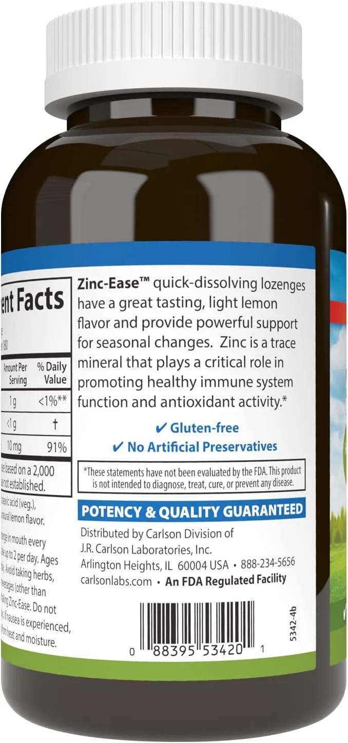 کارلسون - زینک-ایز، قرص مکیدنی تسکین دهنده، پشتیبانی از سیستم ایمنی و سلامتی مطلوب، آنتی اکسیدان، لیمو، 180 عدد