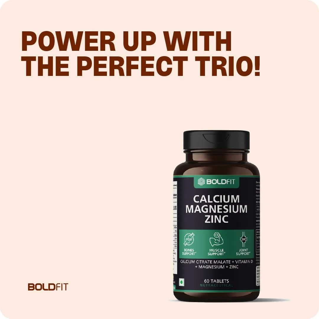 مکمل کلسیم Boldfit 1000 میلی گرم برای زنان و مردان با منیزیم، روی، ویتامین D و B12 - ایده آل برای پشتیبانی از استخوان و مفاصل - بسته 2 عددی 120 عددی قرص گیاهی