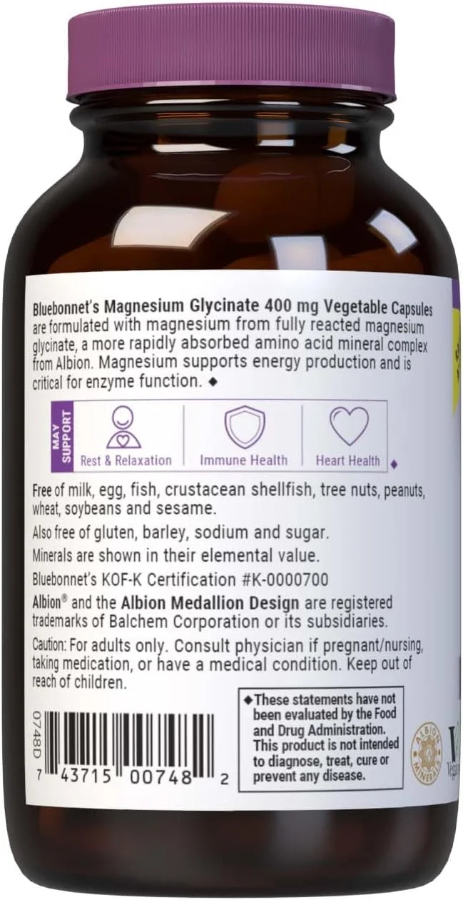 کپسول های منیزیم گلیسینات 400 میلی گرمی بلوبانت نوتریشن، کمپلکس معدنی با حداکثر جذب، پشتیبانی از تولید انرژی و عملکرد آنزیم - غیر GMO، بدون سویا، بدون گلوتن - 60 کپسول گیاهی