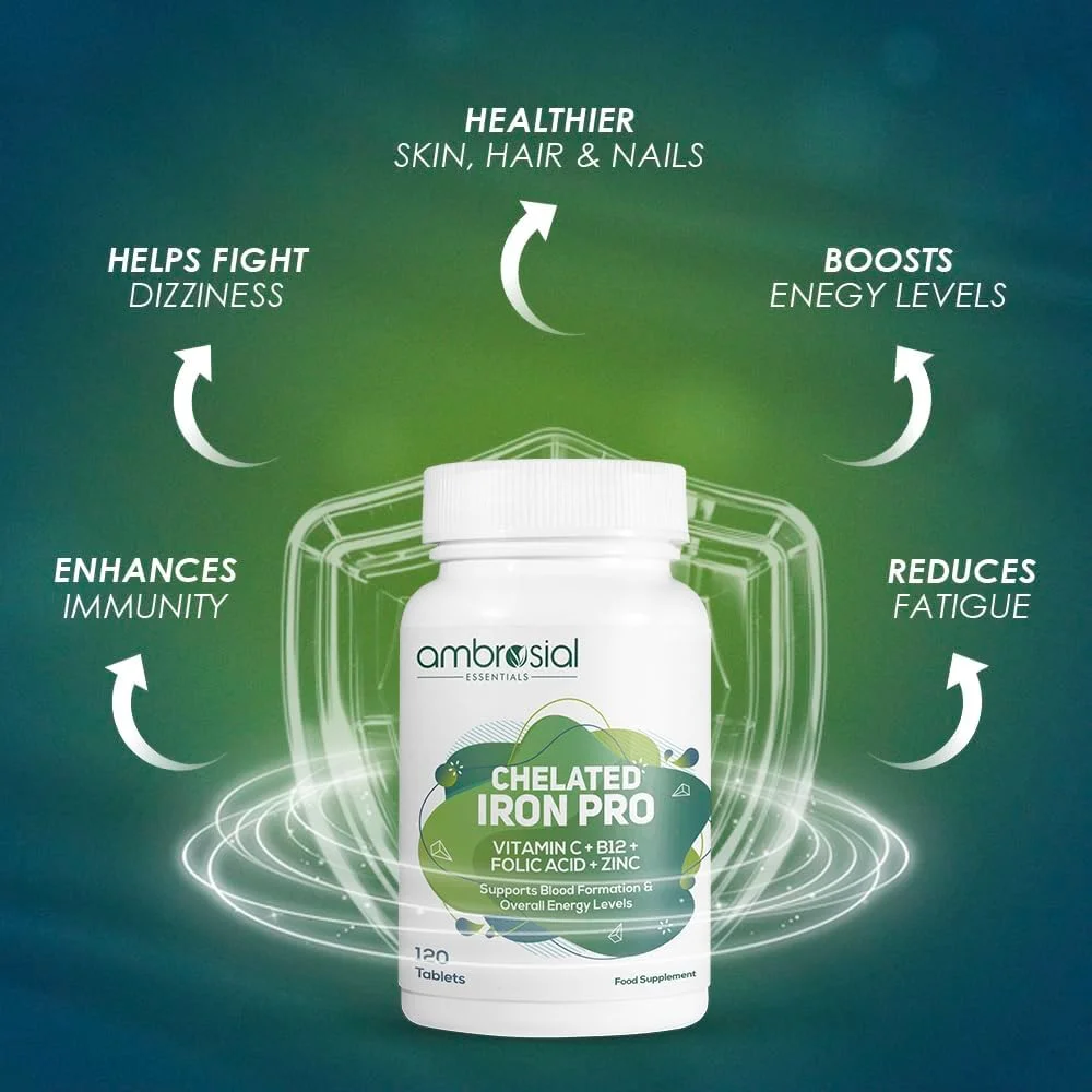 آهن آمبروسیال کلاته پرو به همراه ویتامین C، B12، فولیک اسید و زینک - ملایم بر معده | مکمل آهن برای استفاده روزانه | 120 عدد قرص گیاهی آهن آمبروسیال کلاته پرو به همراه ویتامین C، B12، فولیک اسید و زینک - ملایم بر معده | مکمل آهن برای استفاده روزانه | 120 عدد قرص گیاهی