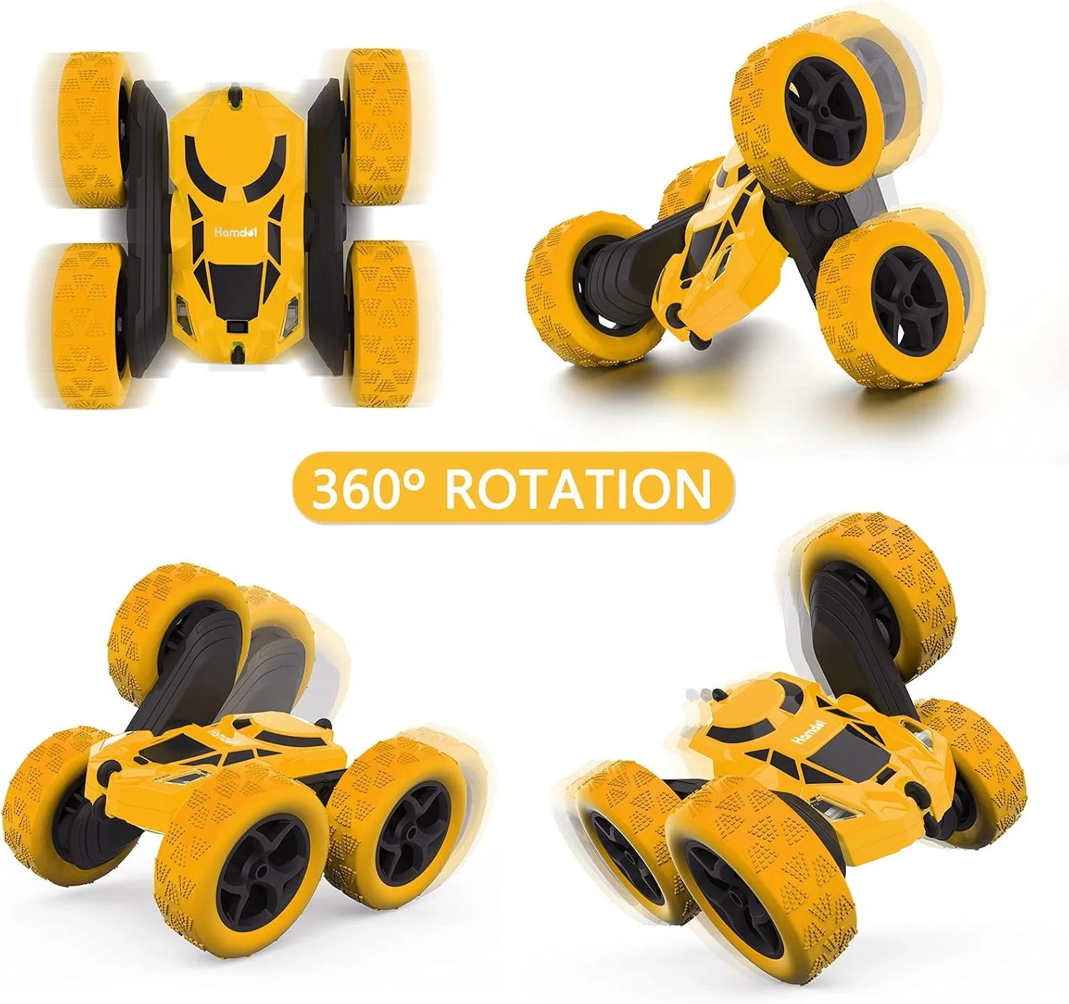 ماشین کنترلی دو طرفه با قابلیت چرخش 360 درجه، ماشین های آرسی چهار چرخ محرک با چراغ های جلو، ماشین اسباب بازی مسابقه ای الکتریکی 2.4 گیگاهرتزی، ماشین های اسباب بازی شارژی برای پسران و دختران (زرد)