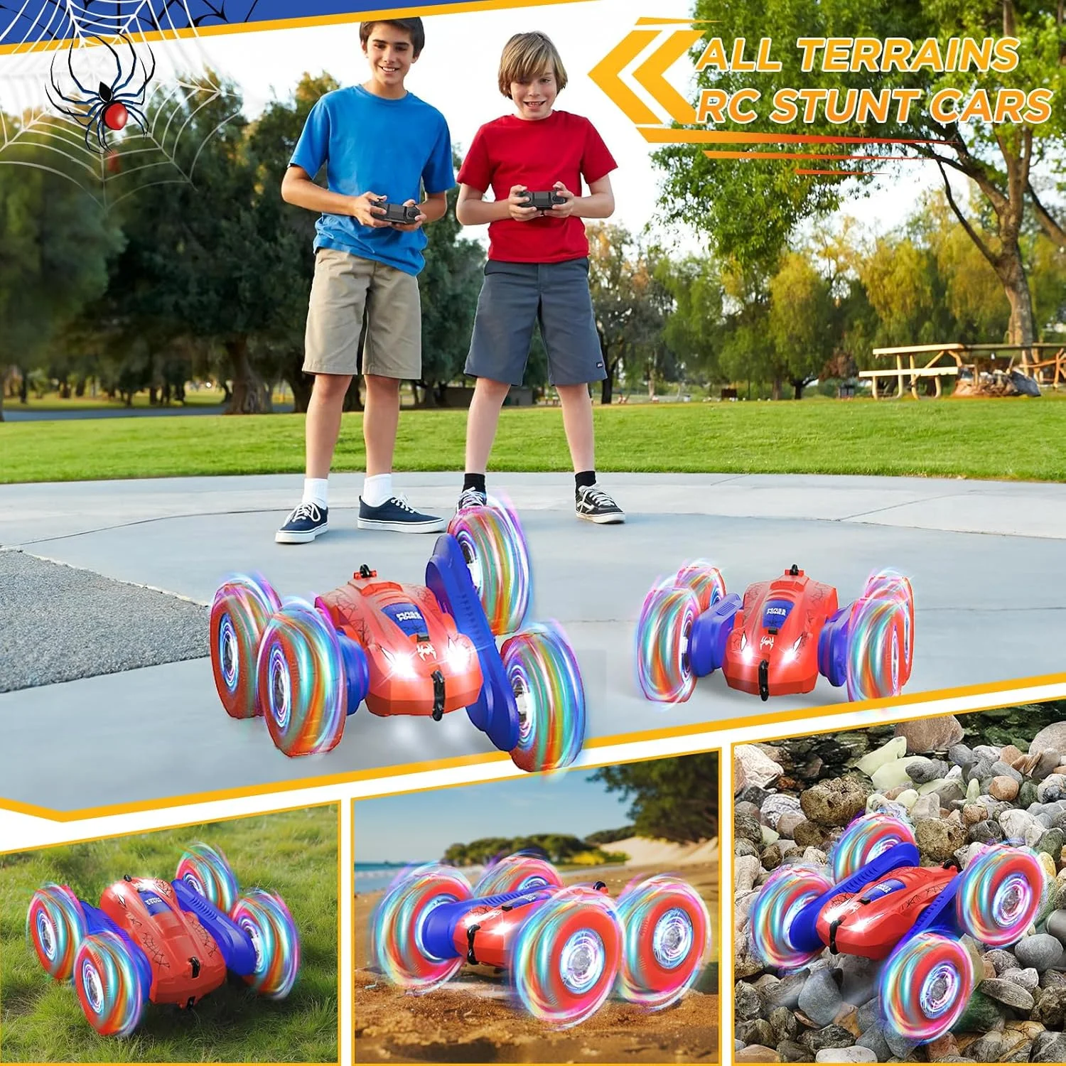 ماشین های کنترلی عنکبوتی با قابلیت رانندگی دو طرفه، چرخش 360 درجه، 4WD به همراه چراغ، مناسب برای کودکان 4-7 و 8-12 سال، اسباب بازی ماشین کنترلی برای پسران و دختران، هدیه کریسمس