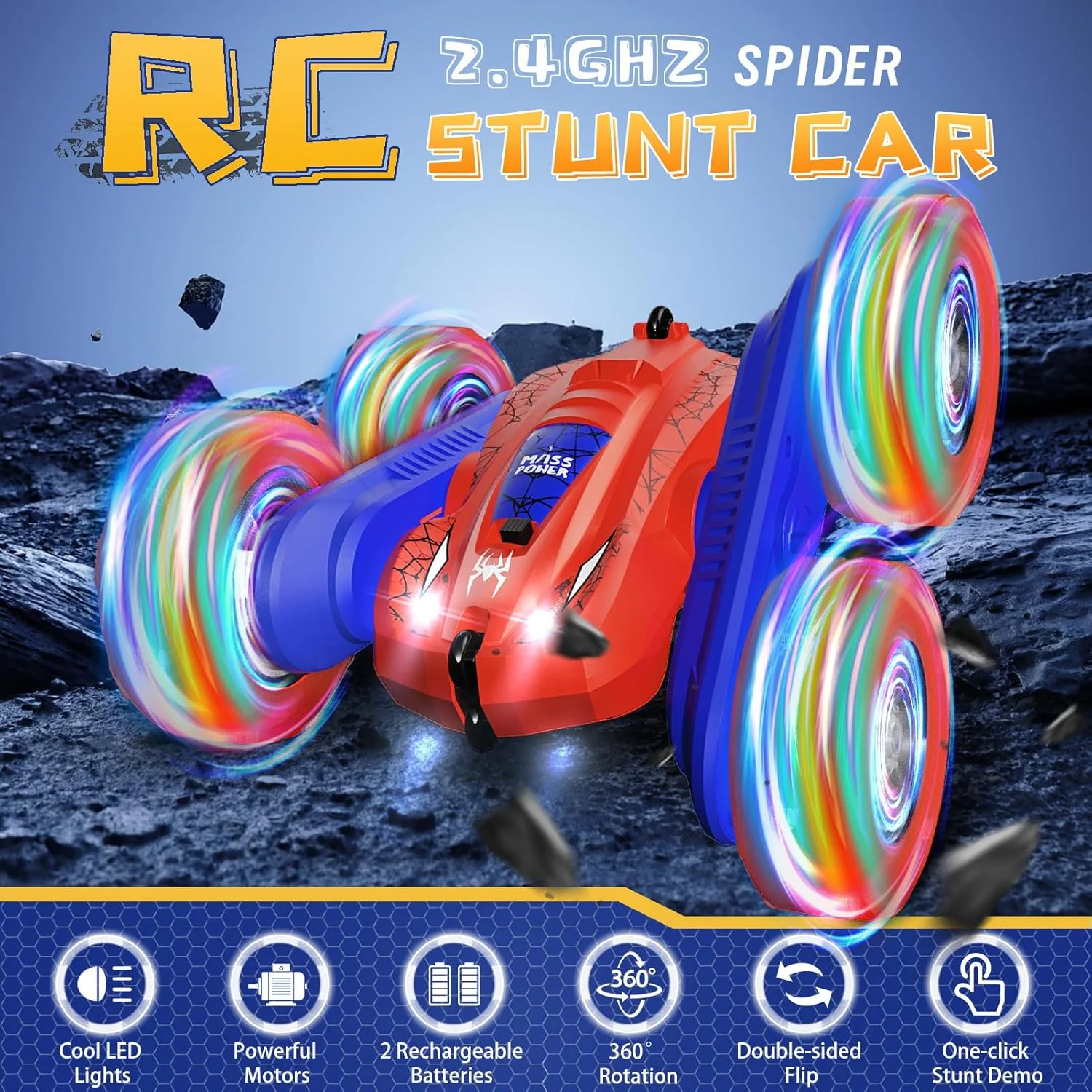 ماشین های کنترلی عنکبوتی با قابلیت رانندگی دو طرفه، چرخش 360 درجه، 4WD به همراه چراغ، مناسب برای کودکان 4-7 و 8-12 سال، اسباب بازی ماشین کنترلی برای پسران و دختران، هدیه کریسمس