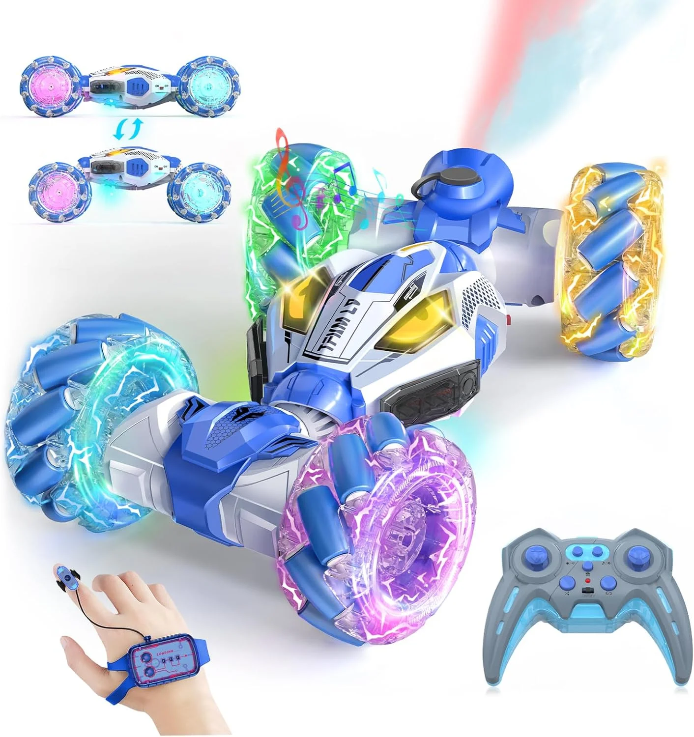 ماشین های بدلکاری RC با حسگر حرکتی - اسباب بازی برای پسران و دختران 6-12 سال | بهترین هدیه برای کودکان 6-12 ساله | ماشین تبدیل شونده 4WD با قابلیت چرخش 360 درجه با کنترل از راه دور | خودروی آفرود همه زمینی با چراغ و موسیقی آبی