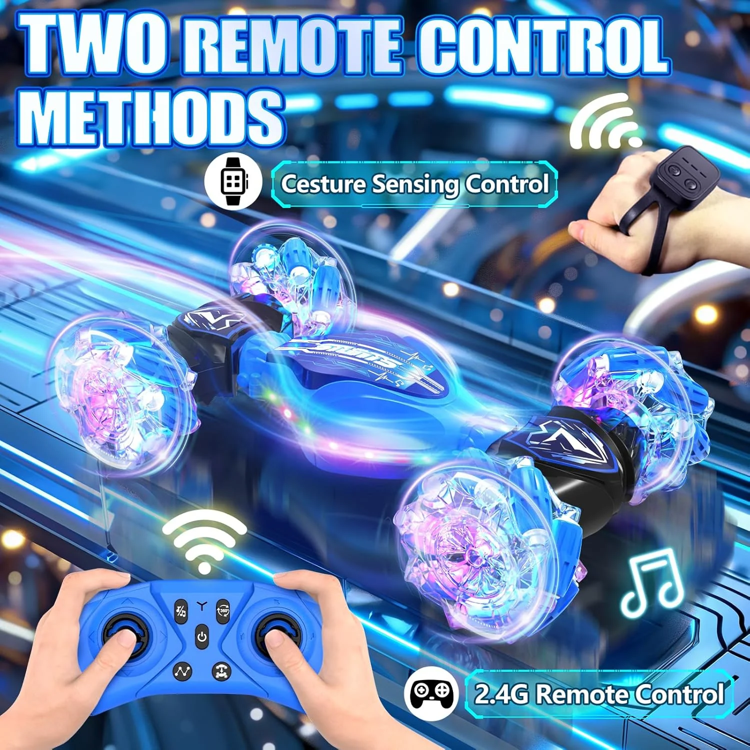 ماشین کنترلی با حسگر حرکتی - ماشین دریفت آرسی بدلکاری برای کودکان | ماشین های آرسی چرخشی 360 درجه 4WD | ماشین کنترلی دستی 2.4 گیگاهرتزی با چراغ و موسیقی | هدیه تولد و کریسمس برای پسران و دختران - آبی