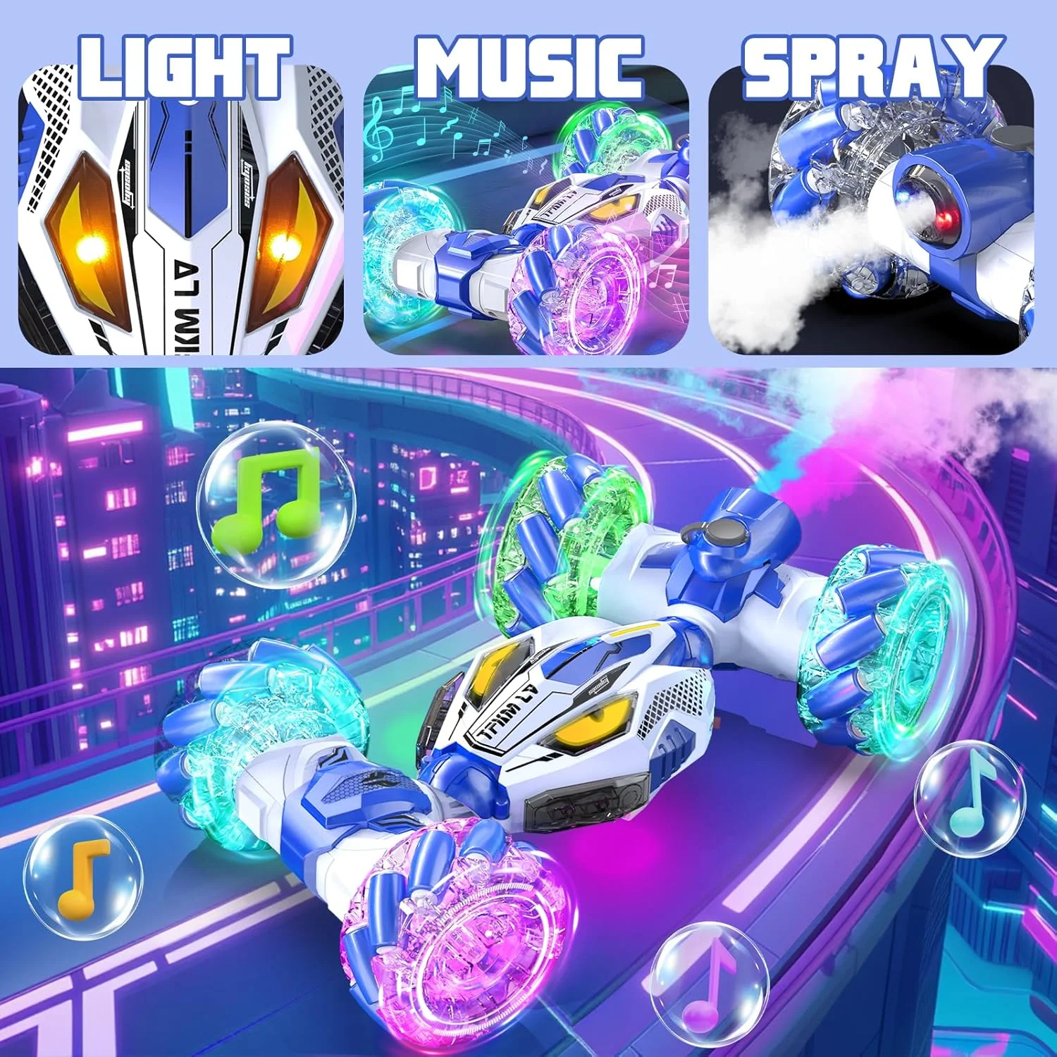 ماشین های بدلکاری RC با حسگر حرکتی - اسباب بازی برای پسران و دختران 6-12 سال | بهترین هدیه برای کودکان 6-12 ساله | ماشین تبدیل شونده 4WD با قابلیت چرخش 360 درجه با کنترل از راه دور | خودروی آفرود همه زمینی با چراغ و موسیقی آبی