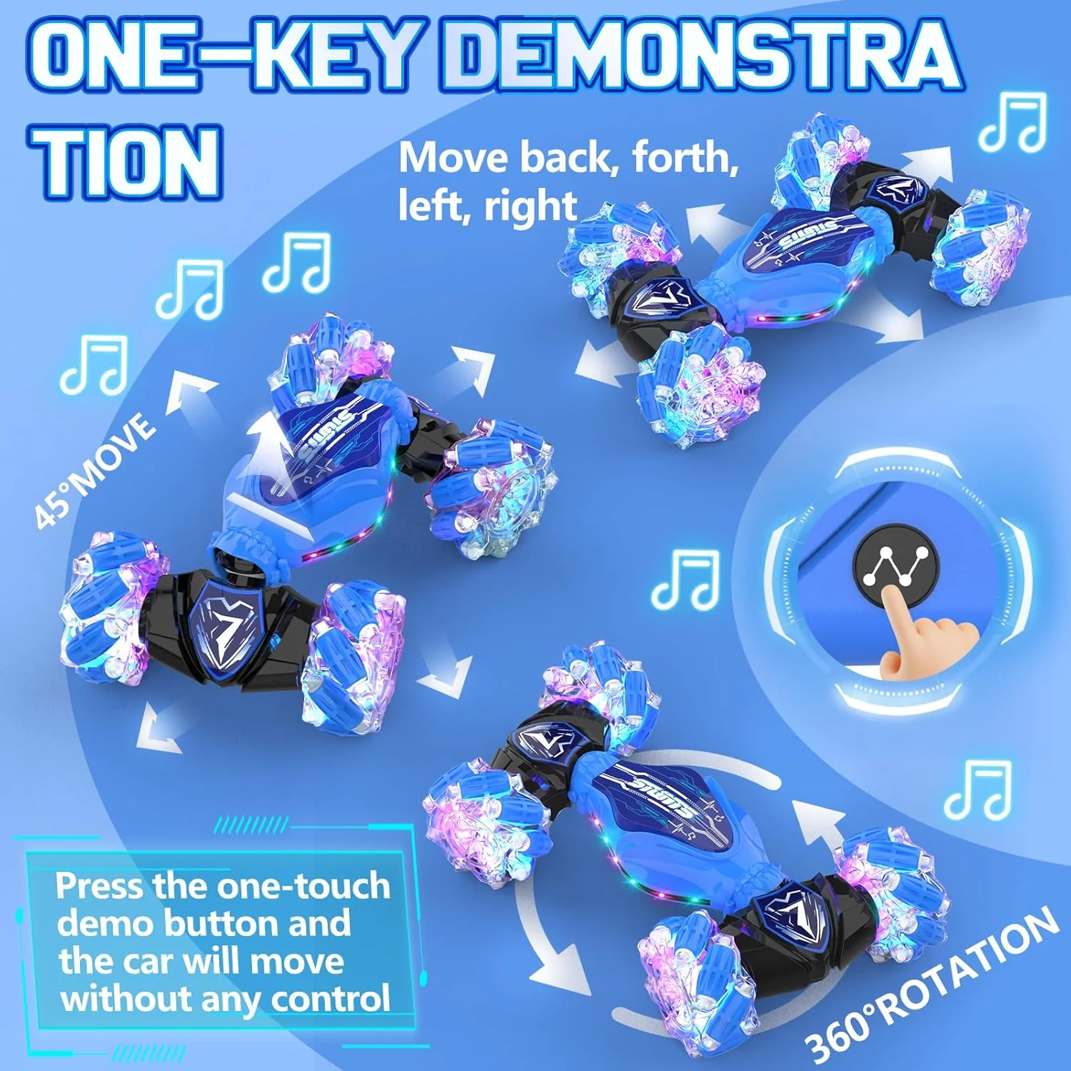 ماشین کنترلی با حسگر حرکتی - ماشین دریفت آرسی بدلکاری برای کودکان | ماشین های آرسی چرخشی 360 درجه 4WD | ماشین کنترلی دستی 2.4 گیگاهرتزی با چراغ و موسیقی | هدیه تولد و کریسمس برای پسران و دختران - آبی