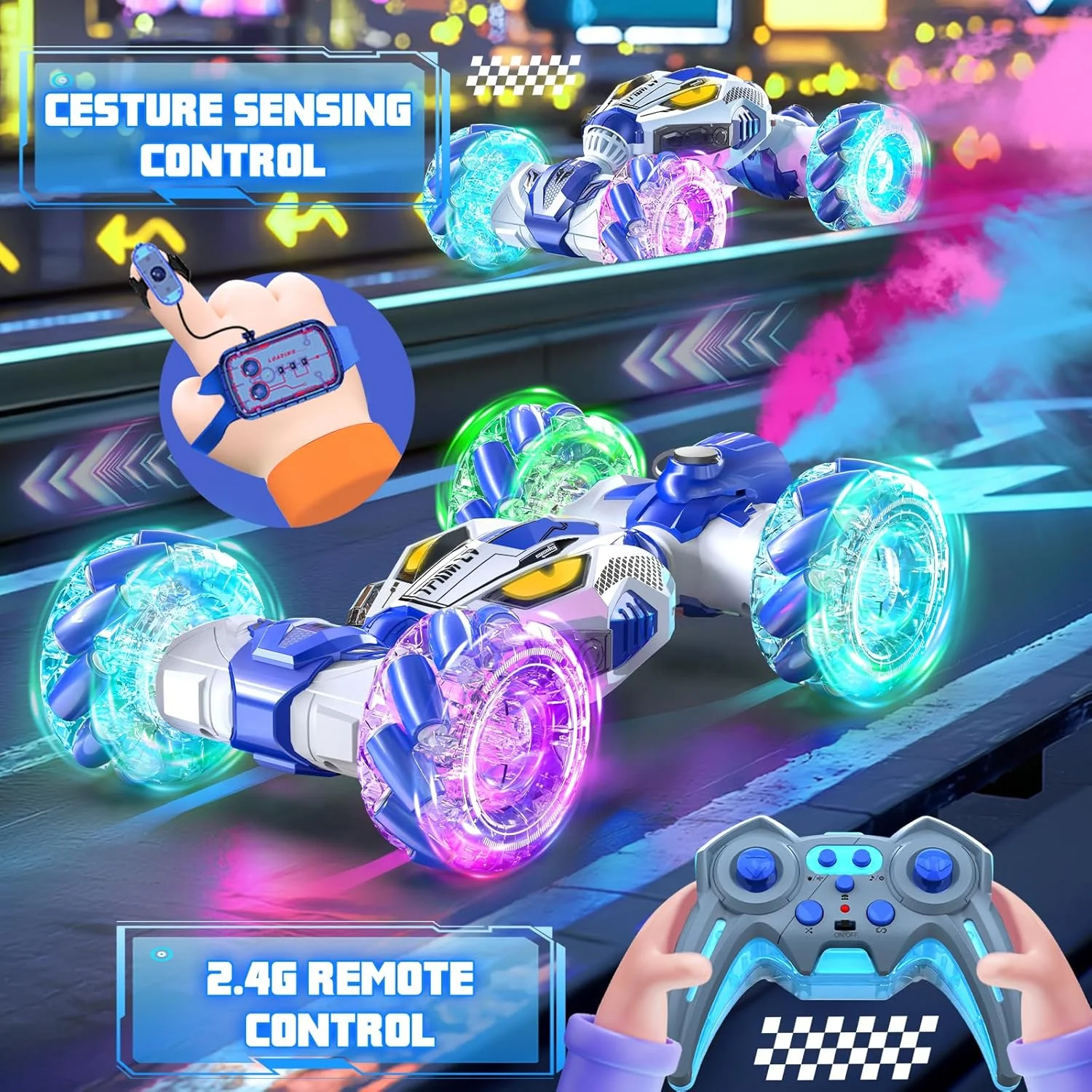 ماشین های بدلکاری RC با حسگر حرکتی - اسباب بازی برای پسران و دختران 6-12 سال | بهترین هدیه برای کودکان 6-12 ساله | ماشین تبدیل شونده 4WD با قابلیت چرخش 360 درجه با کنترل از راه دور | خودروی آفرود همه زمینی با چراغ و موسیقی آبی