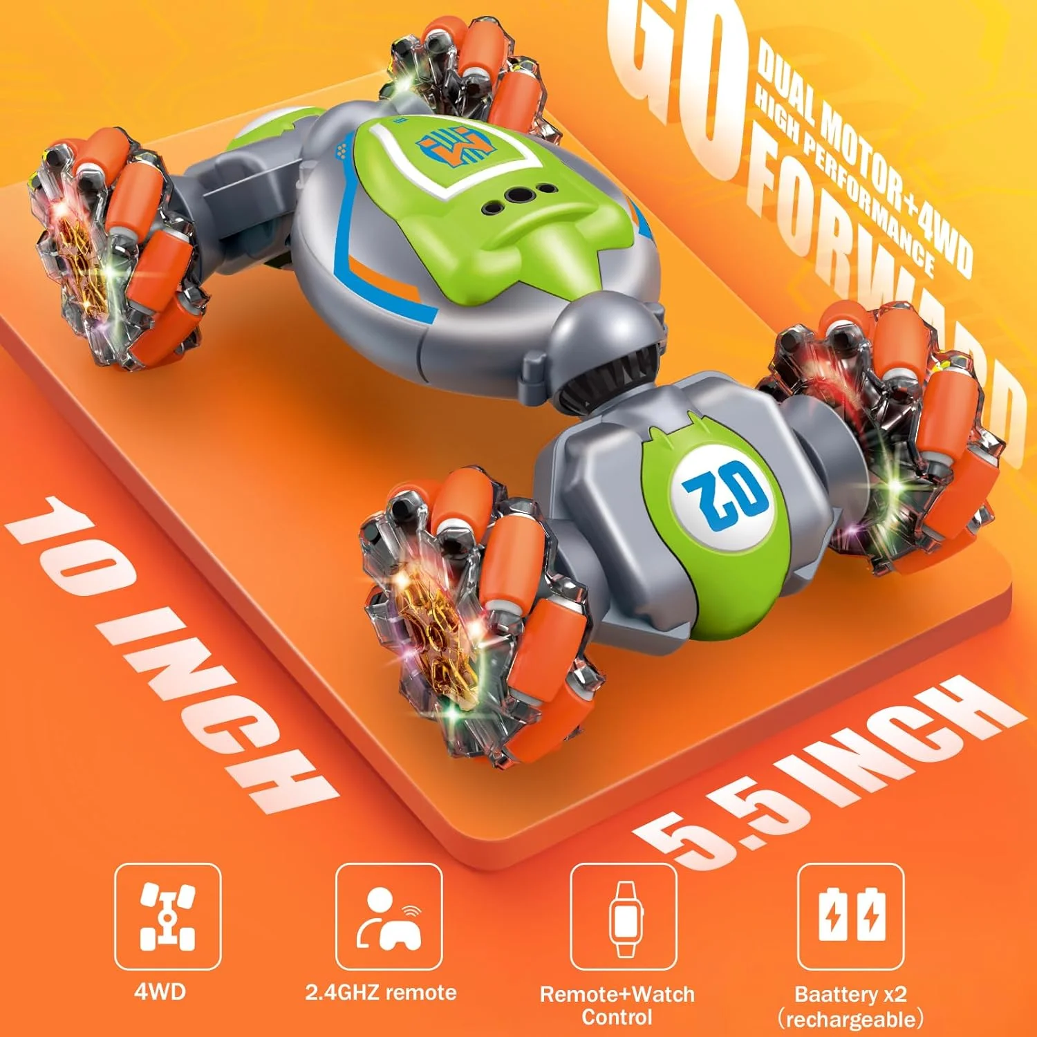 ماشین کنترلی از راه دور برای پسران و دختران، ماشین بدلکاری RC با قابلیت کنترل با اشاره برای پسران 4-7 8-12 5 6 9 10 11 13 ساله، اسباب بازی های چرخشی 360 درجه 4WD 2.4 گیگاهرتزی با نور و موسیقی - سبز متوسط