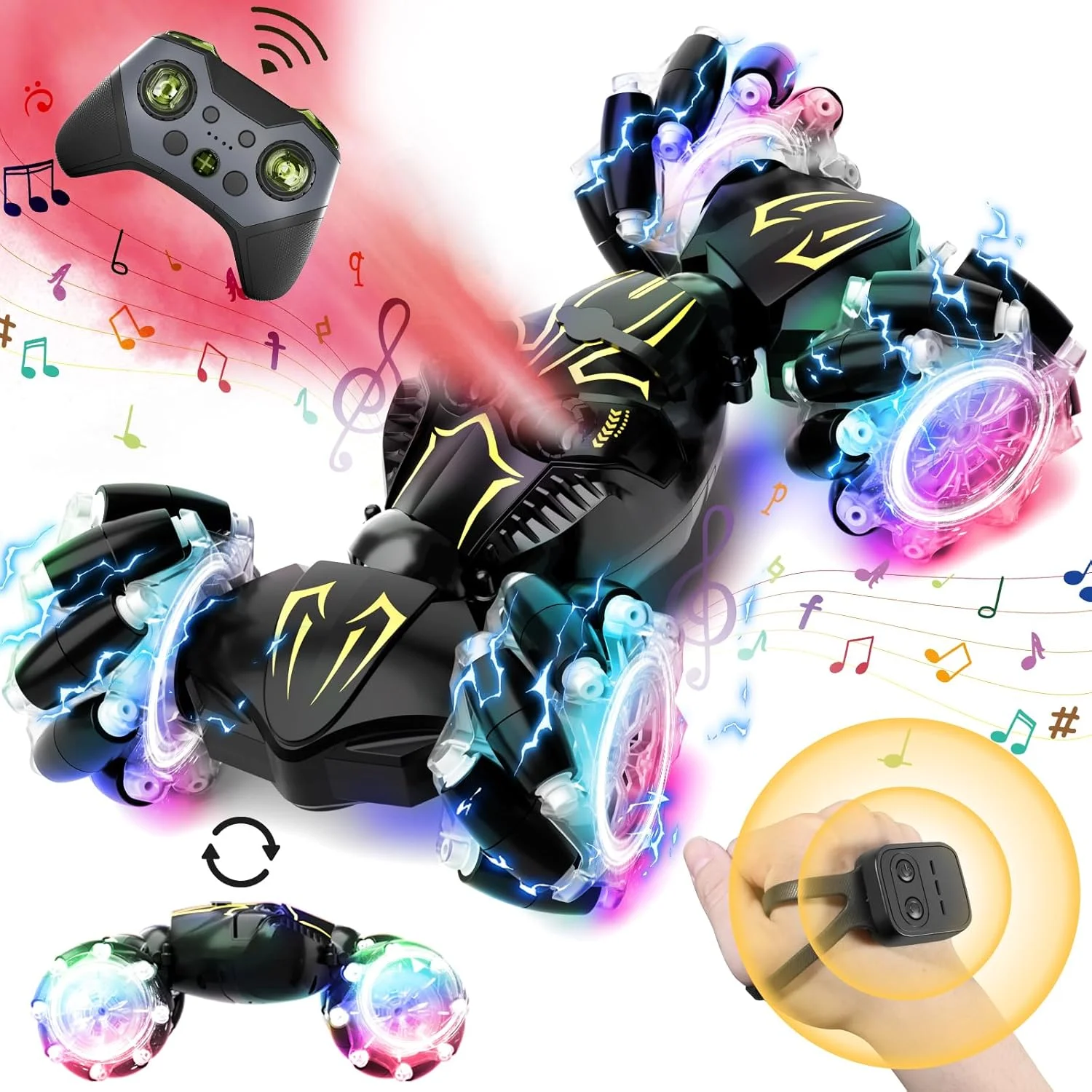 ماشین کنترلی حرکتی، اسباب بازی مناسب پسران و دختران 6 تا 12 سال، ماشین کنترلی 2.4 گیگاهرتزی با قابلیت چرخش، دارای چراغ، موسیقی و افشانه، چهار چرخ متحرک مناسب برای مسیرهای ناهموار و چرخش 360 درجه - مشکی