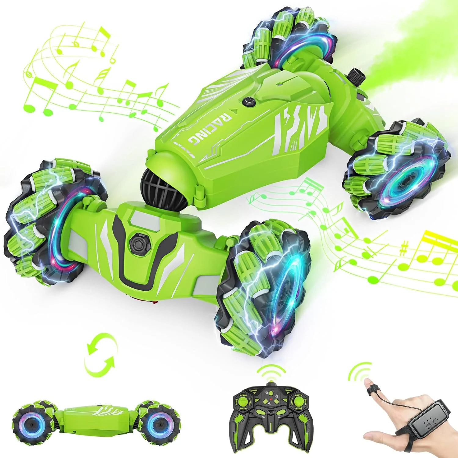 ماشین کنترلی Dysaim، ماشین دریفت چرخشی 360 درجه 4WD RC با کنترل دستی، دارای نور، موسیقی و افشانه، اسباب بازی ماشین 2.4 گیگاهرتزی مناسب برای هدیه کریسمس پسران و دختران 6، 7، 8، 9، 10 و 12 ساله، سبز