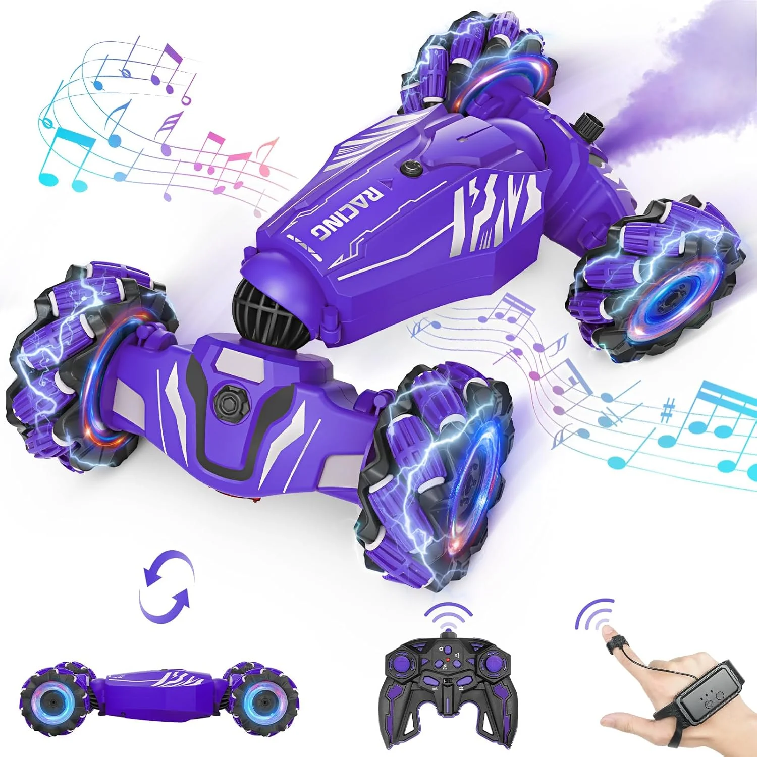 ماشین کنترلی Dysaim برای کودکان 6، 7، 8، 10 و 12 ساله، ماشین دریفت چرخشی 360 درجه 4WD با کنترل دستی، دارای نور، موسیقی و افشانه، ماشین 2.4 گیگاهرتزی با کنترل دستی برای پسران، دختران، هدیه، بنفش