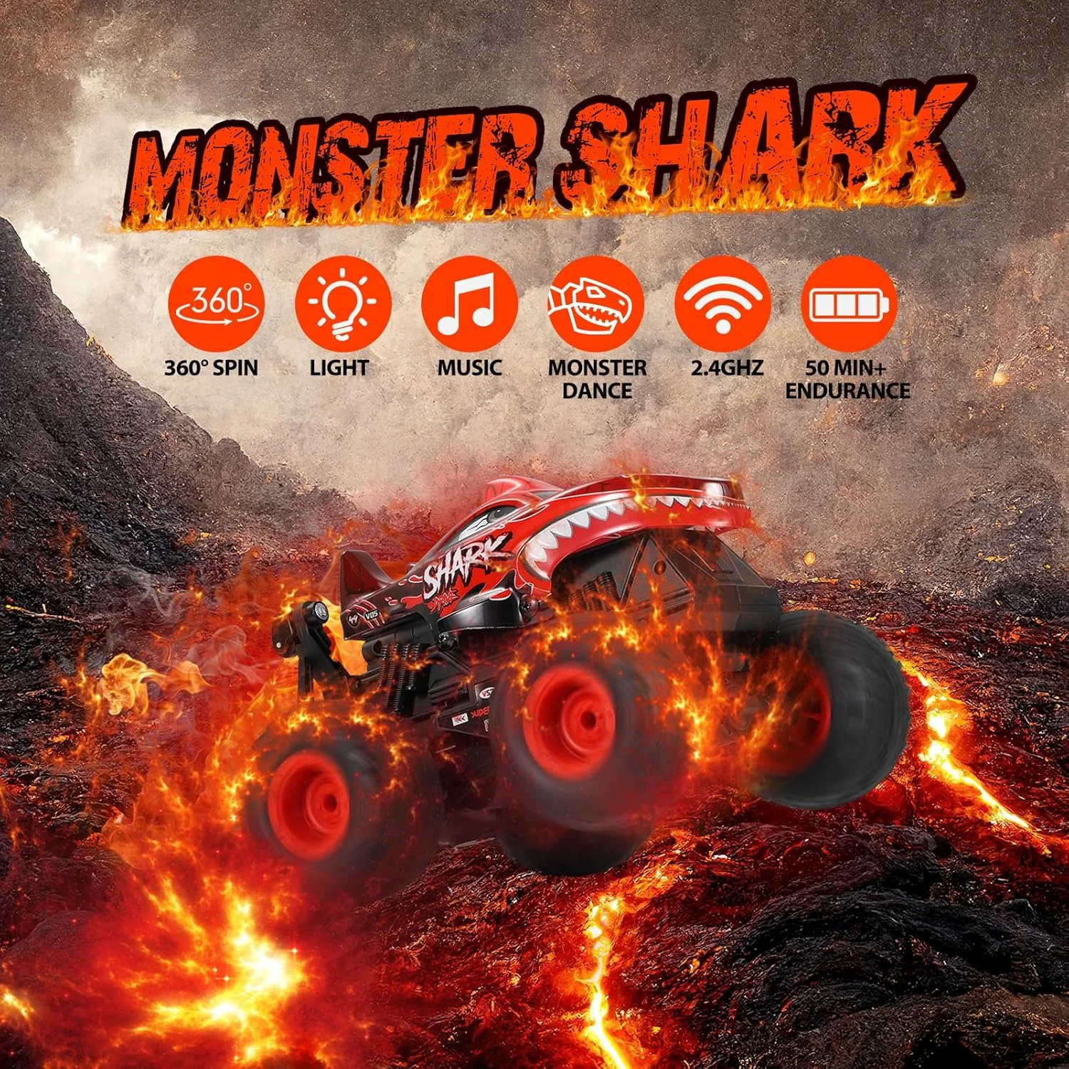 ماشین کنترلی DYODYORC، کامیون هیولای کوسه ای مناسب تمام سطوح، با فرکانس 2.4 گیگاهرتز، دارای موسیقی، 3 جلوه نوری، قابلیت انجام حرکات 360 درجه، آماده برای استفاده، هدیه اسباب بازی برای پسران و دختران (قرمز) ماشین کنترلی DYODYORC، کامیون هیولای کوسه ای مناسب تمام سطوح، با فرکانس 2.4 گیگاهرتز، دارای موسیقی، 3 جلوه نوری، قابلیت انجام حرکات 360 درجه، آماده برای استفاده، هدیه اسباب بازی برای پسران و دختران (قرمز)