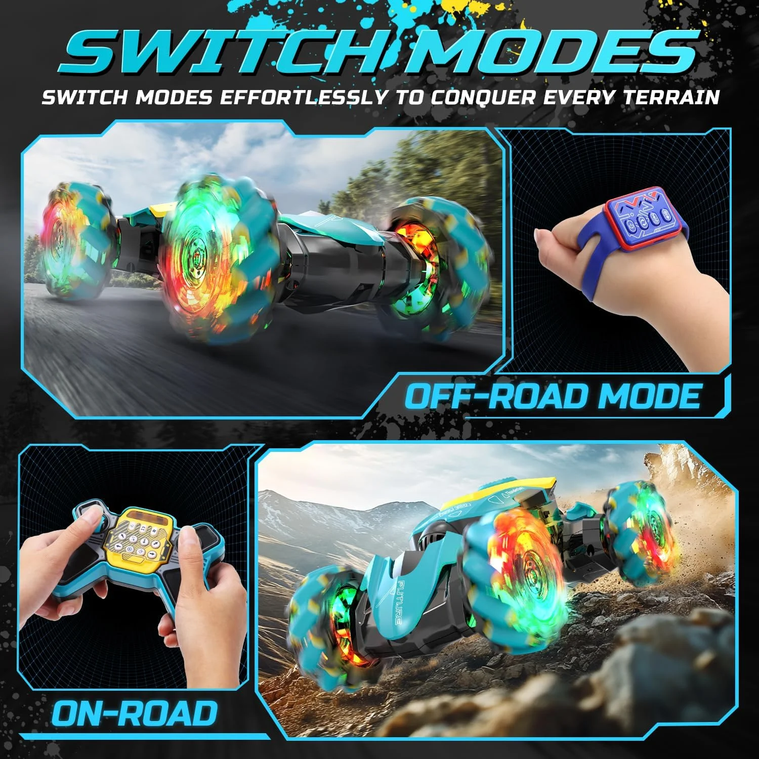 ماشین کنترلی دریفت با حسگر حرکتی DEERC، دارای مه پاش و موسیقی، اسباب بازی ماشین کنترلی 4WD با کنترل دستی برای کودکان، رانندگی دو طرفه در تمام سطوح با چراغ، هدیه تولد برای پسران