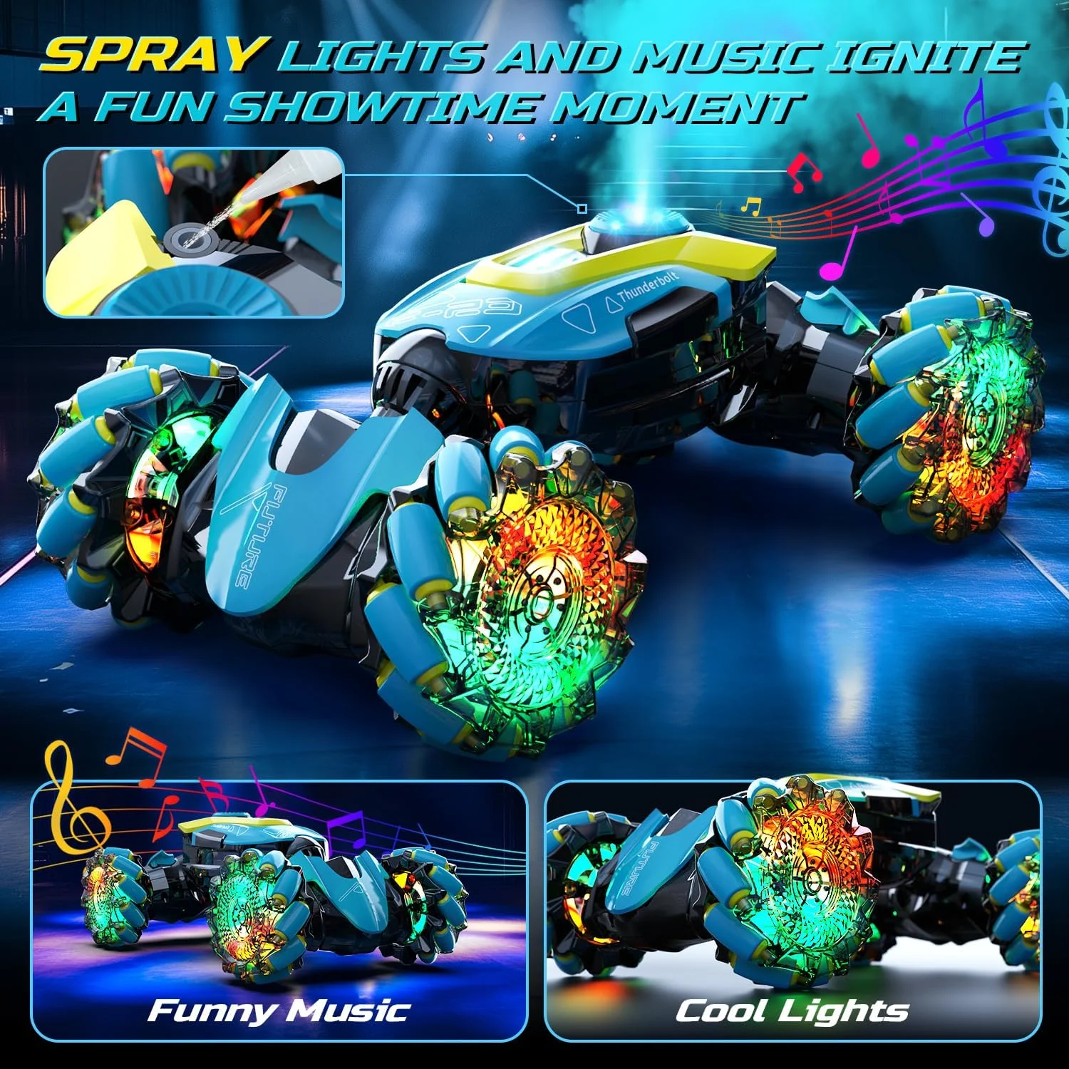 ماشین کنترلی دریفت با حسگر حرکتی DEERC، دارای مه پاش و موسیقی، اسباب بازی ماشین کنترلی 4WD با کنترل دستی برای کودکان، رانندگی دو طرفه در تمام سطوح با چراغ، هدیه تولد برای پسران