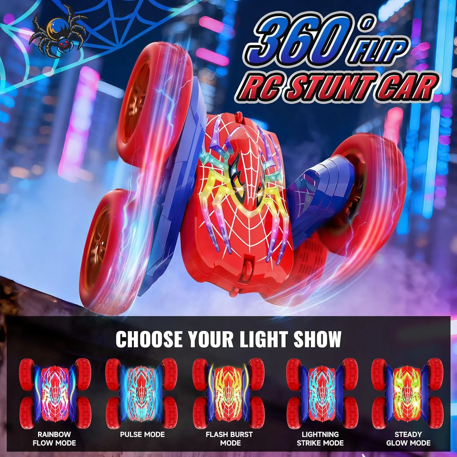 ماشین کنترلی از 3 تا 12 سال، 2.4 گیگاهرتز 4WD RC ماشین شیرین کاری مانستر تراک چرخش 360 درجه، 5 حالت نور LED، اسباب بازی کودکان، اسباب بازی باغ در فضای باز، هدیه تولد برای پسران 3 4 5 6 7 8 9 10