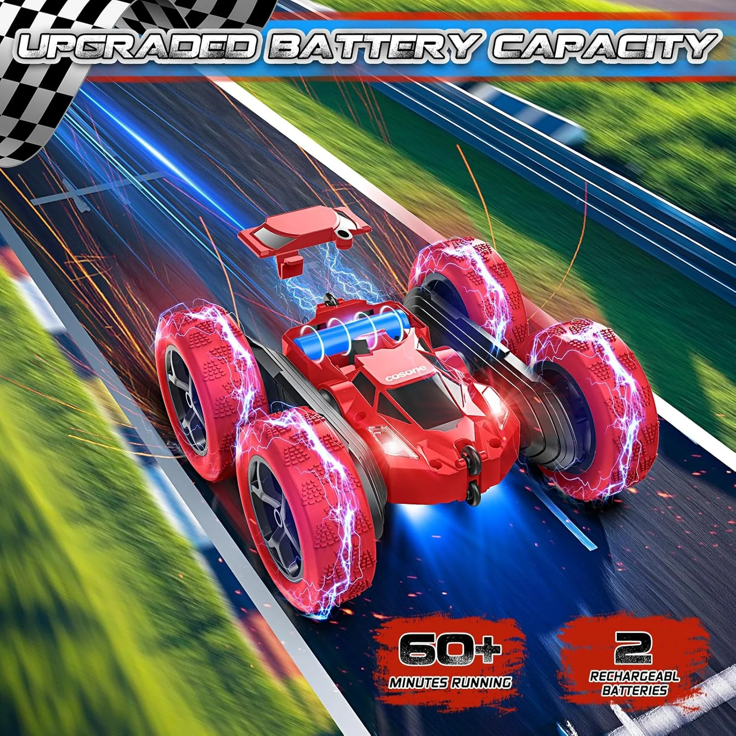 ماشین کنترلی از راه دور Cosone برای پسران - اسباب بازی ماشین برای کودکان 6، 7، 8، 9 ساله، 4WD 2.4 گیگاهرتز دو طرفه 360 درجه چرخان با چراغ های جلو، هدیه تولد کریسمس برای پسران و دختران - قرمز