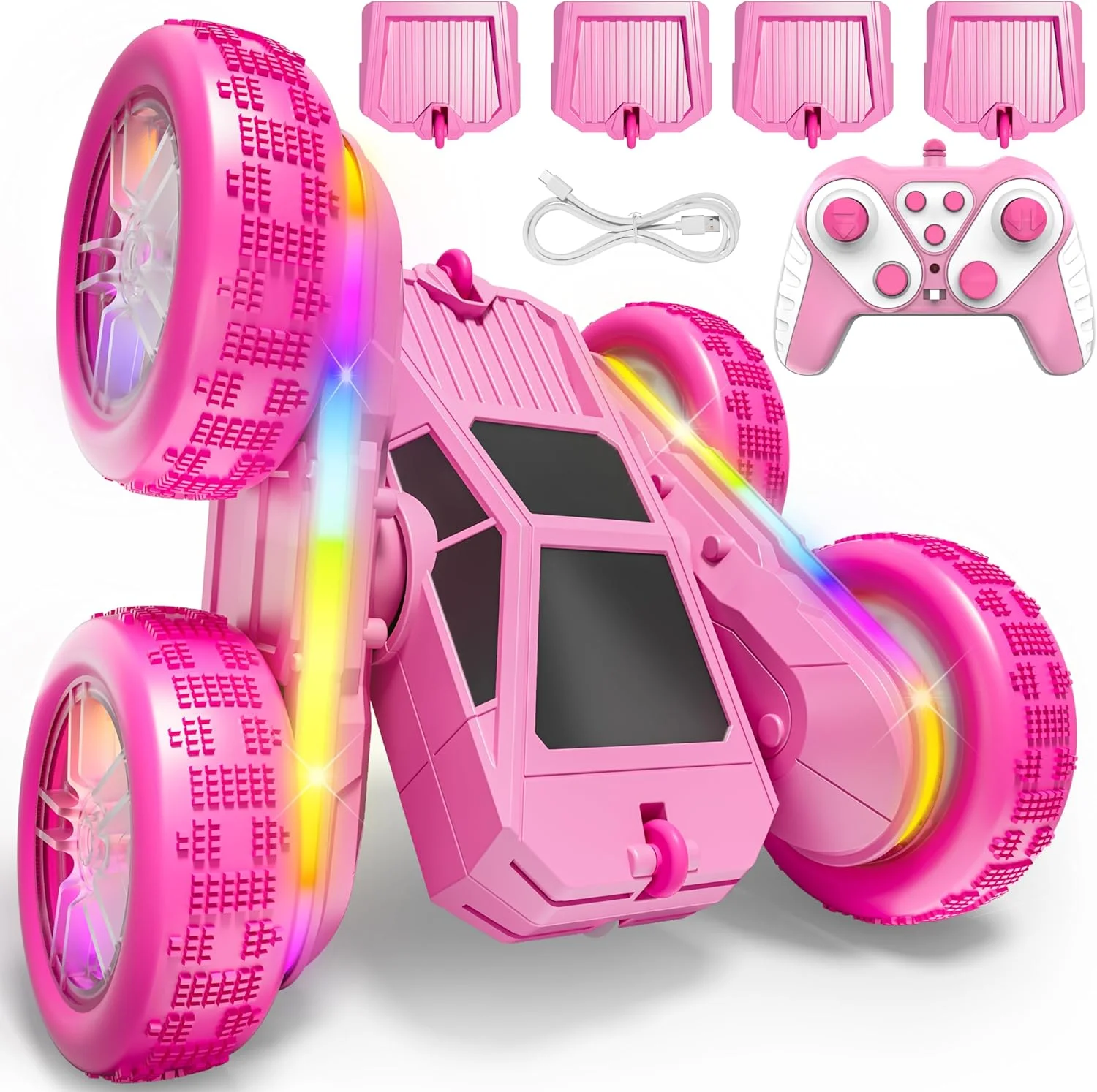 ماشین کنترلی آکروباتیک، خزنده دو طرفه با 4 باتری USB-C، کامیون دریفت چرخان 360 درجه، ماشین کنترلی 2.4 گیگاهرتز برای کودکان 4 تا 8 سال به بالا (1)