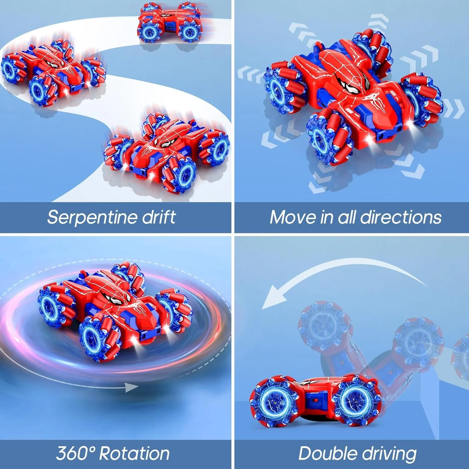 ماشین کنترلی عنکبوتی برای پسران 4-6 سال، ماشین های بدلکاری دو طرفه چرخان 360 درجه با چراغ های جلوی جذاب، ماشین های مسابقه ای آفرود 4WD با فرکانس 2.4 گیگاهرتز برای کودکان 4 5 6 7 8 9 10 11 12 سال (قرمز 1)