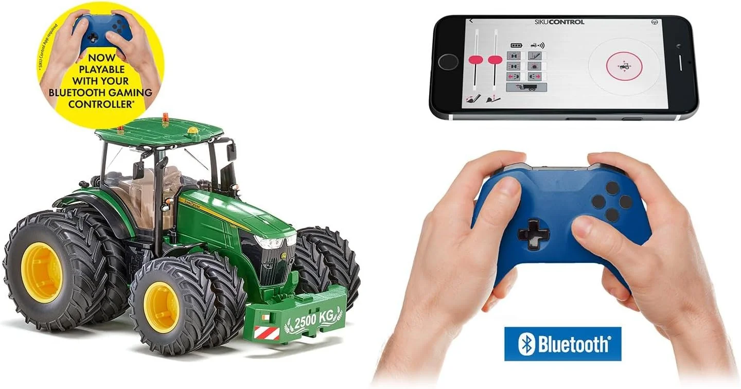 تراکتور John Deere 7290R siku 6735، سبز، فلزی، پلاستیکی، مقیاس 1:32، کنترل از راه دور با برنامه از طریق بلوتوث، لاستیک های دوبل قابل جابجایی، کنترل از راه دور شامل نمی شود