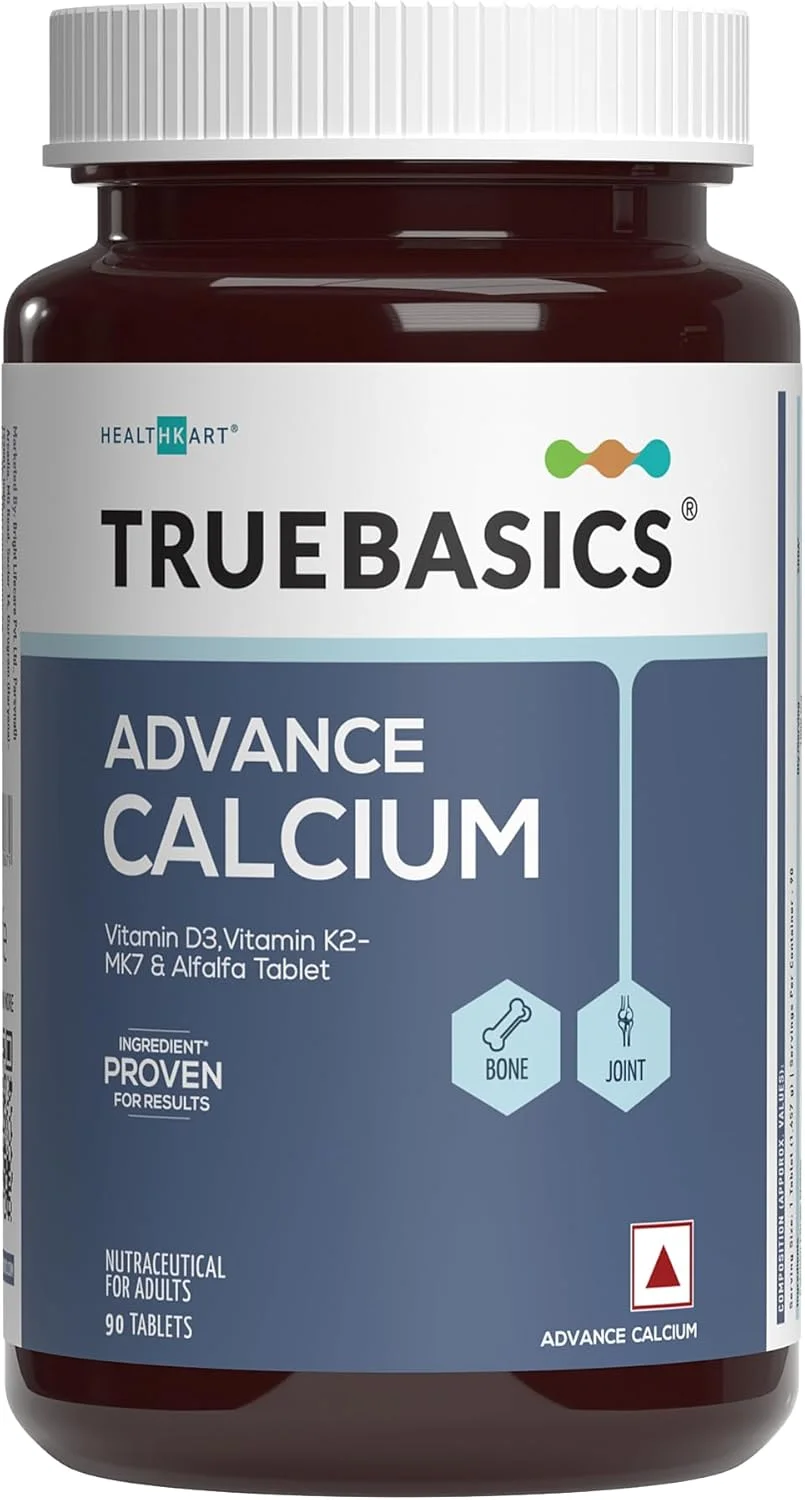 قرص کلسیم پیشرفته TrueBasics برای زنان و مردان، حاوی ویتامین D3، ویتامین K2-MK7، منیزیم، روی، یونجه، مواد تشکیل دهنده بالینی تحقیق شده، 90 قرص کلسیم
