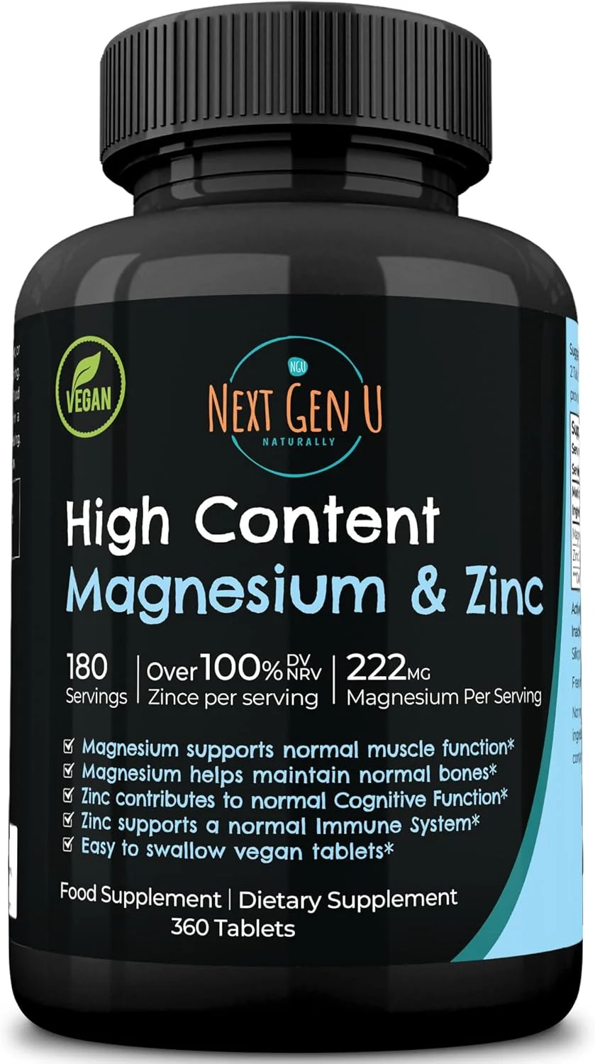 مکمل غذایی منیزیم و روی - 360 قرص گیاهی، مخلوطی از 266 میلی گرم اکسید منیزیم و 10 میلی گرم گلوکونات روی - ممکن است از سلامت استخوان، شناختی و ایمنی حمایت کند - توسط NextGenU