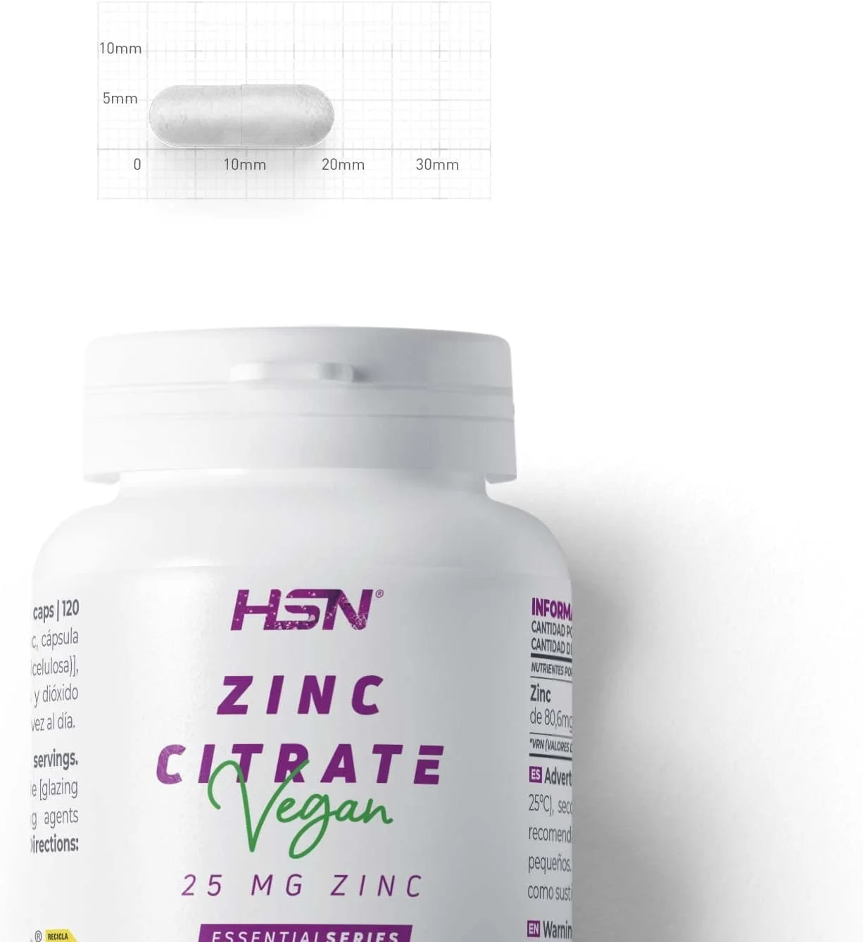 سیترات روی HSN | 25 میلی گرم روی در هر کپسول | تامین 4 ماهه | فراهمی زیستی بالا | وگان، بدون گلوتن، بدون لاکتوز، 120 کپسول گیاهی